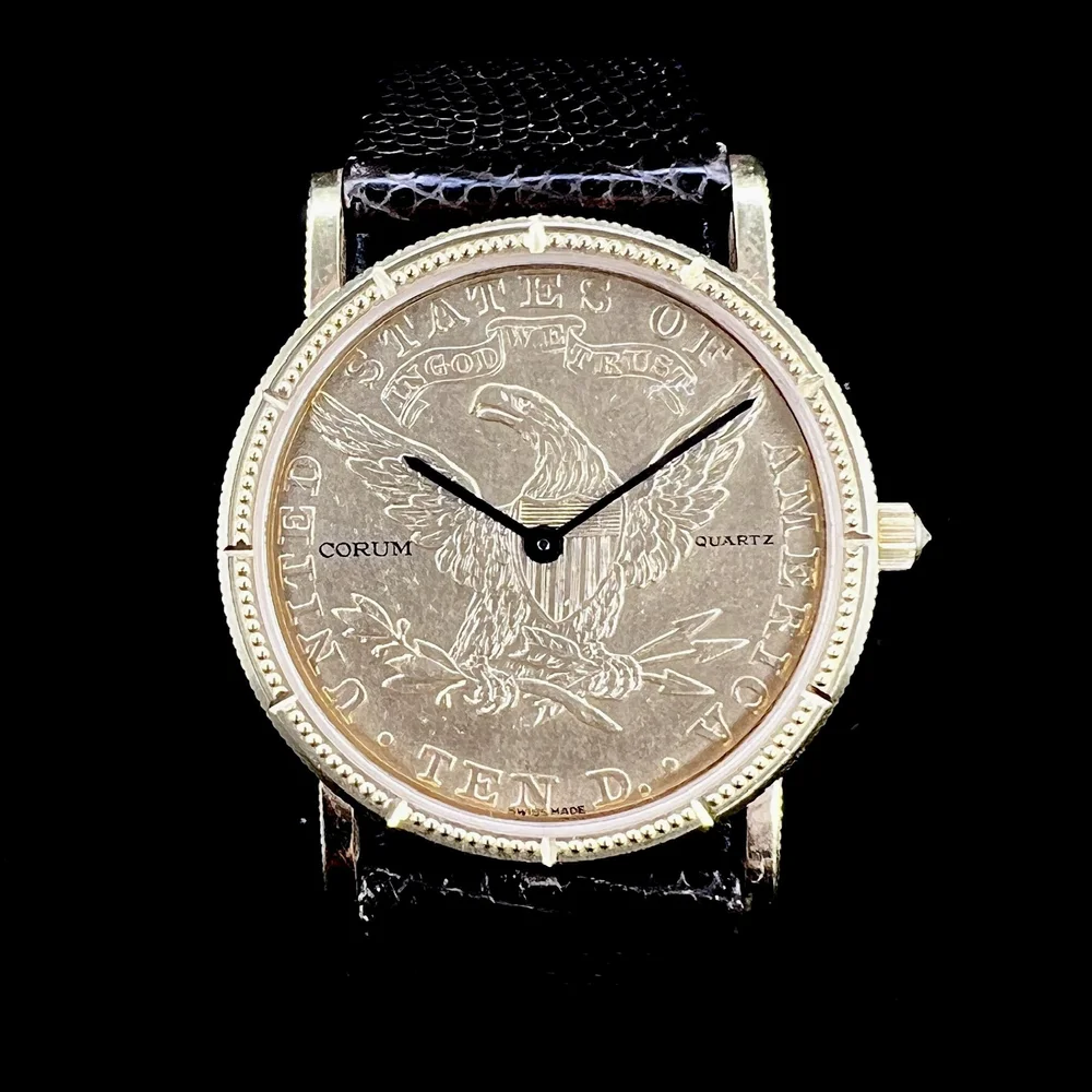 CORUM 置時計 稼働品　非売品レア CORUM 10 DOLLAR COIN 18K YELLOW GOLD LEATHER STRAP QUARTZ YEAR
