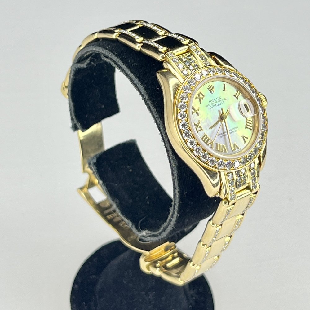 LADIES ROLEX DATEJUST PEARLMASTER 69318 18K YG MOP DIAMOND BEZEL