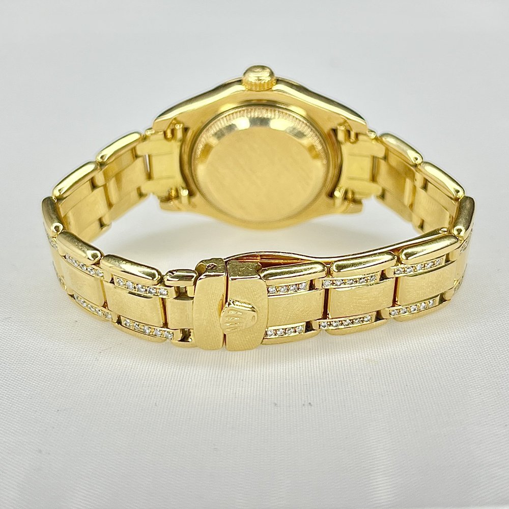 LADIES ROLEX DATEJUST PEARLMASTER 69318 18K YG MOP DIAMOND BEZEL