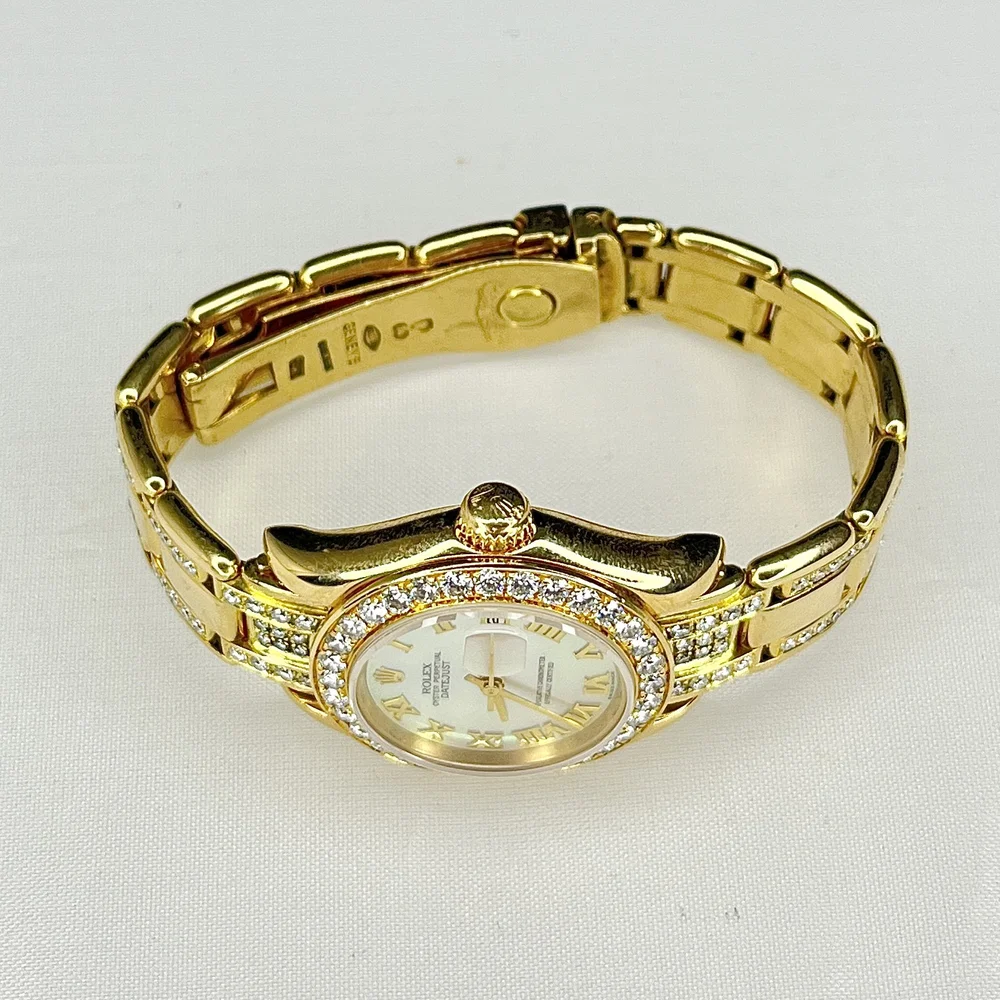 LADIES ROLEX DATEJUST PEARLMASTER 69318 18K YG MOP DIAMOND BEZEL