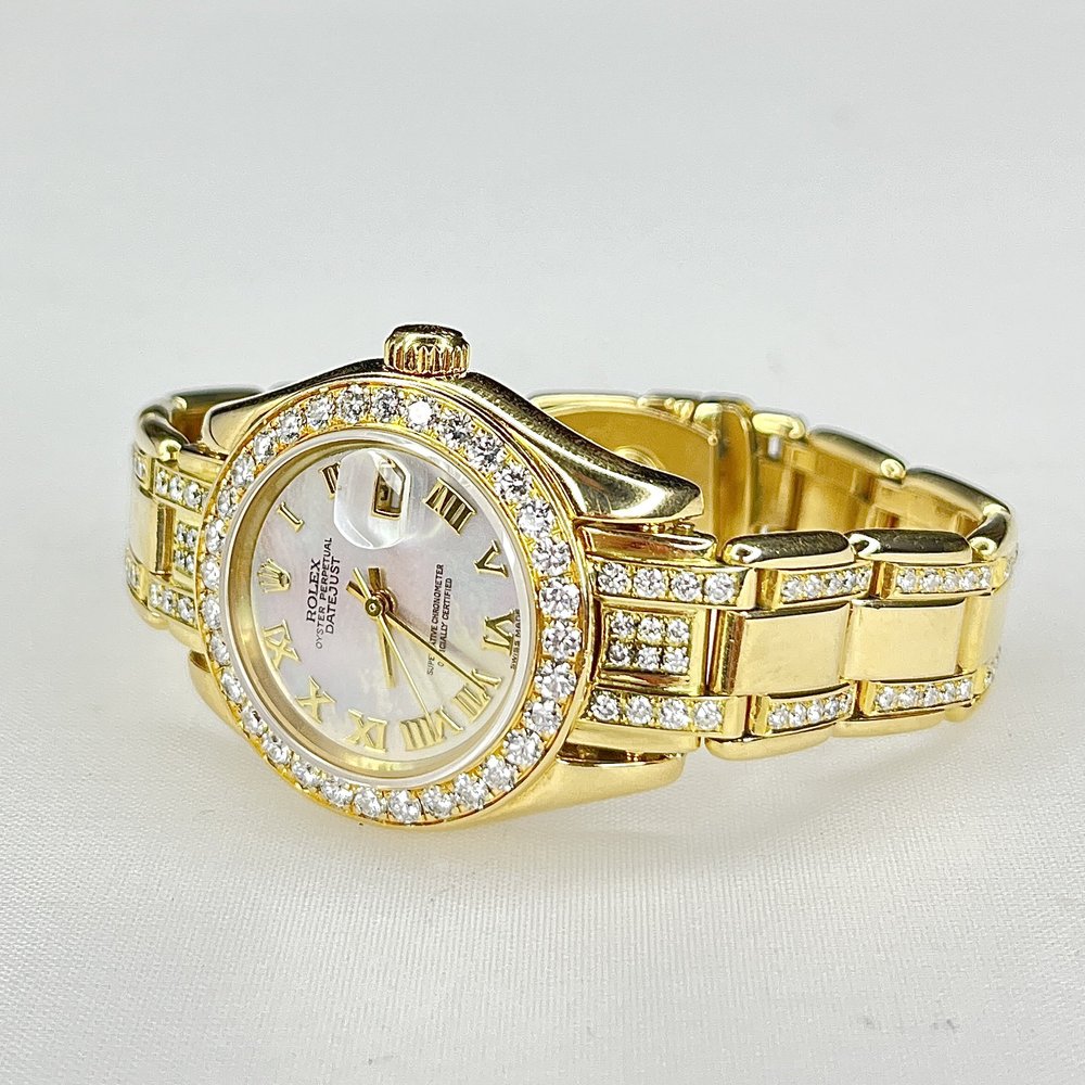 LADIES ROLEX DATEJUST PEARLMASTER 69318 18K YG MOP DIAMOND BEZEL