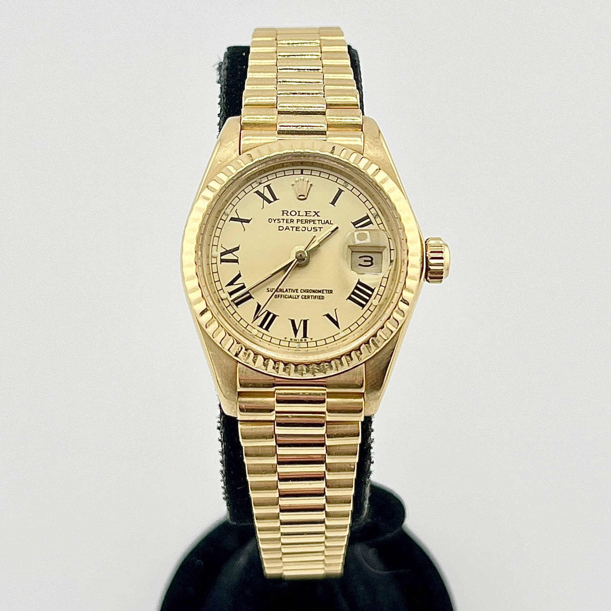 LADIES ROLEX PRESIDENT DATEJUST 6913 18K YELLOW GOLD ROMAN DIAL 26MM BOX 1979