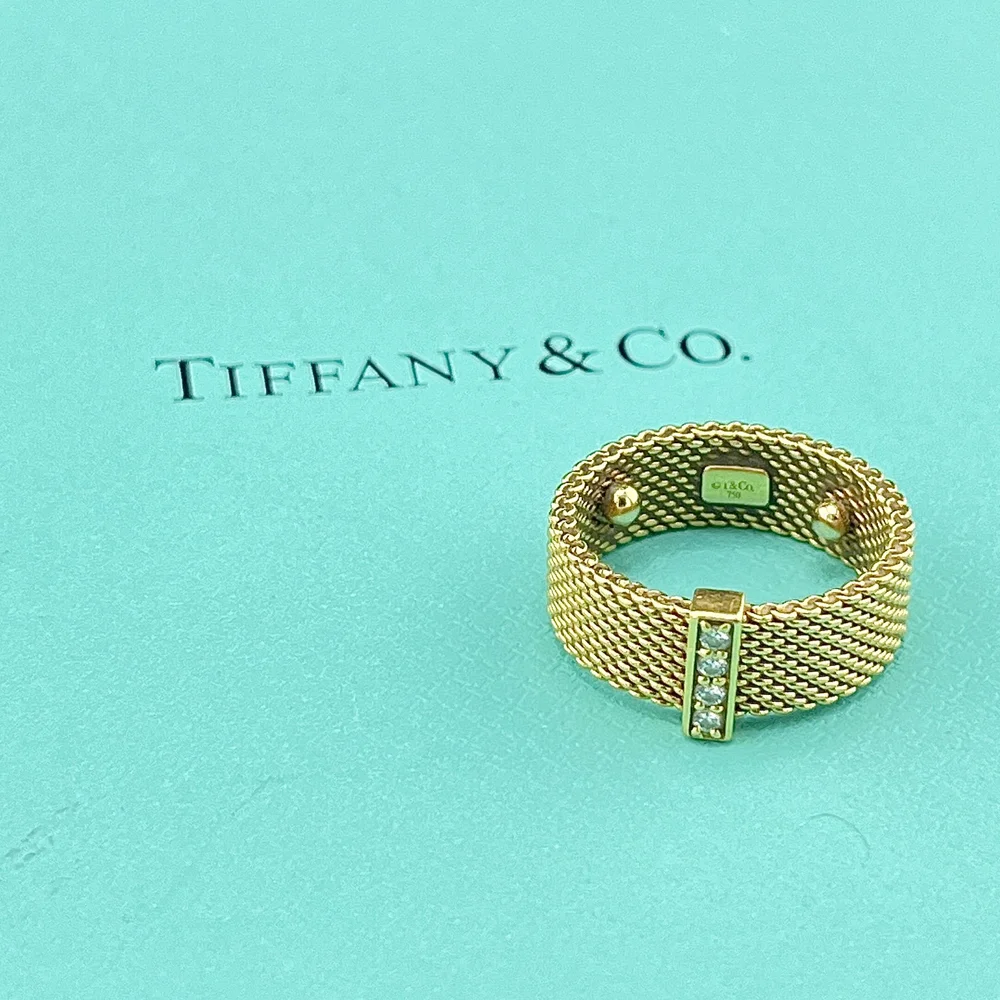 TIFFANY CO SOMERSET 18K YELLOW GOLD 7MM MESH DIAMOND RING SZ