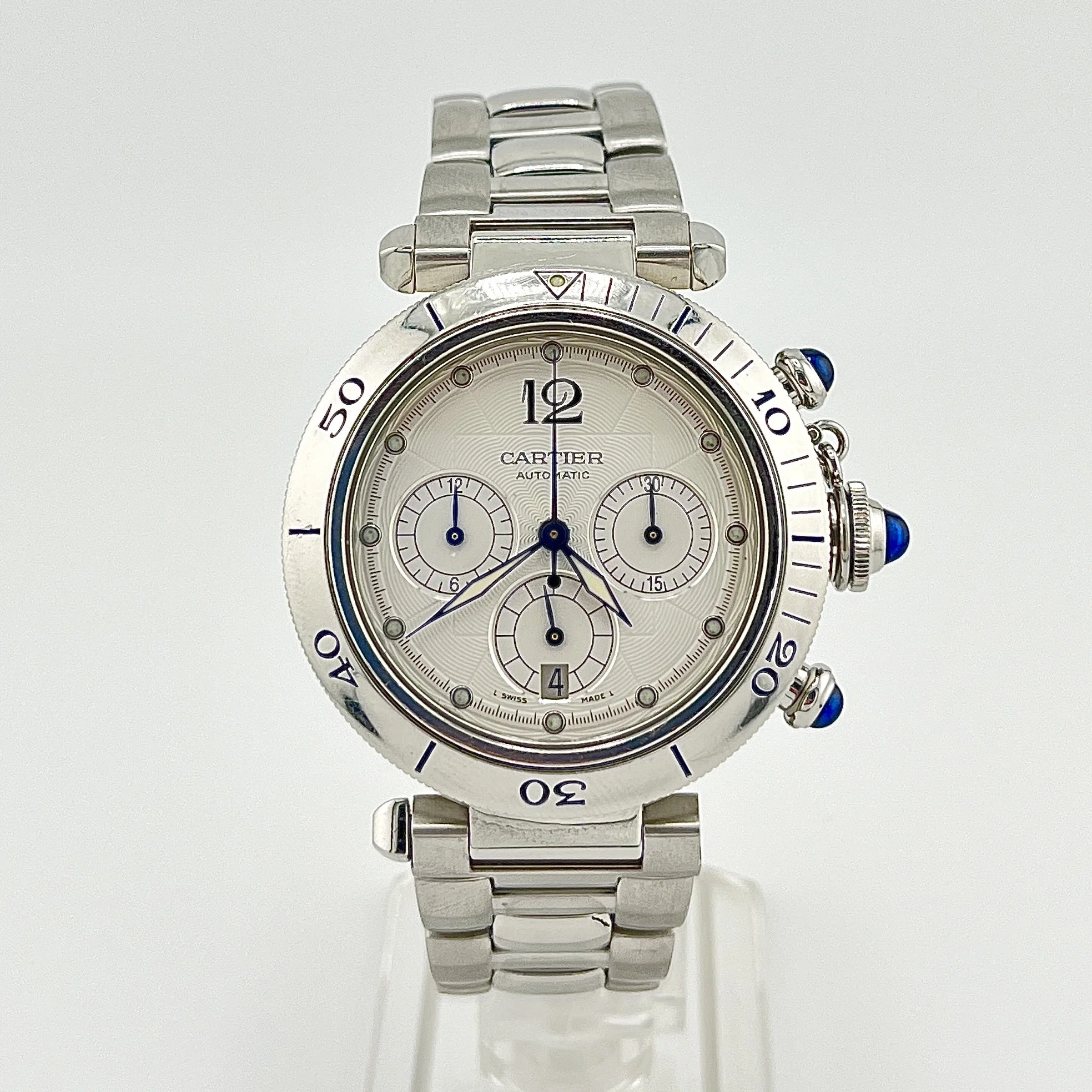 PASHA DE CARTIER 2113 CHRONOGRAPH SILVER DIAL EXHIBITION BACK S/S AUTOMATIC 38MM