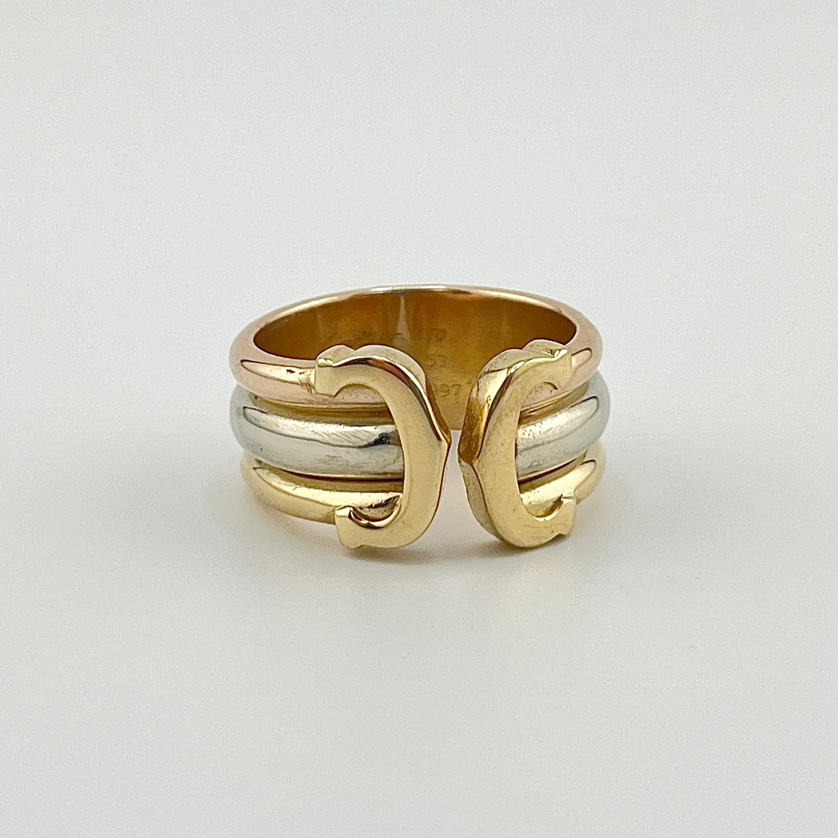 CARTIER DOUBLE C TRINITY BAND 18K YELLOW / WHITE / ROSE GOLD - SZ 53 / US 6.25