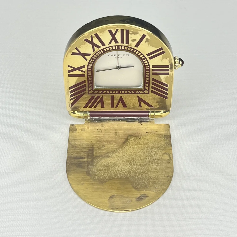 VINTAGE CARTIER PARIS QUARTZ GOLD PLATED FOLDING TRAVEL ALARM