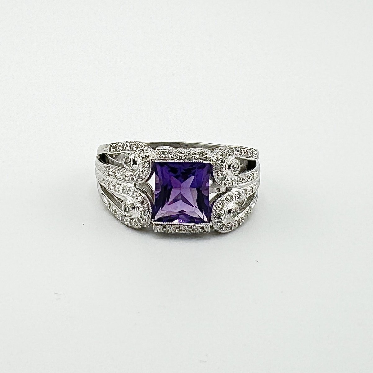 1.2CT PRINCESS CUT AMETHYST 0.53CTW SI2 G-H DIAMOND RING 18K WHITE GOLD SZ 10.25
