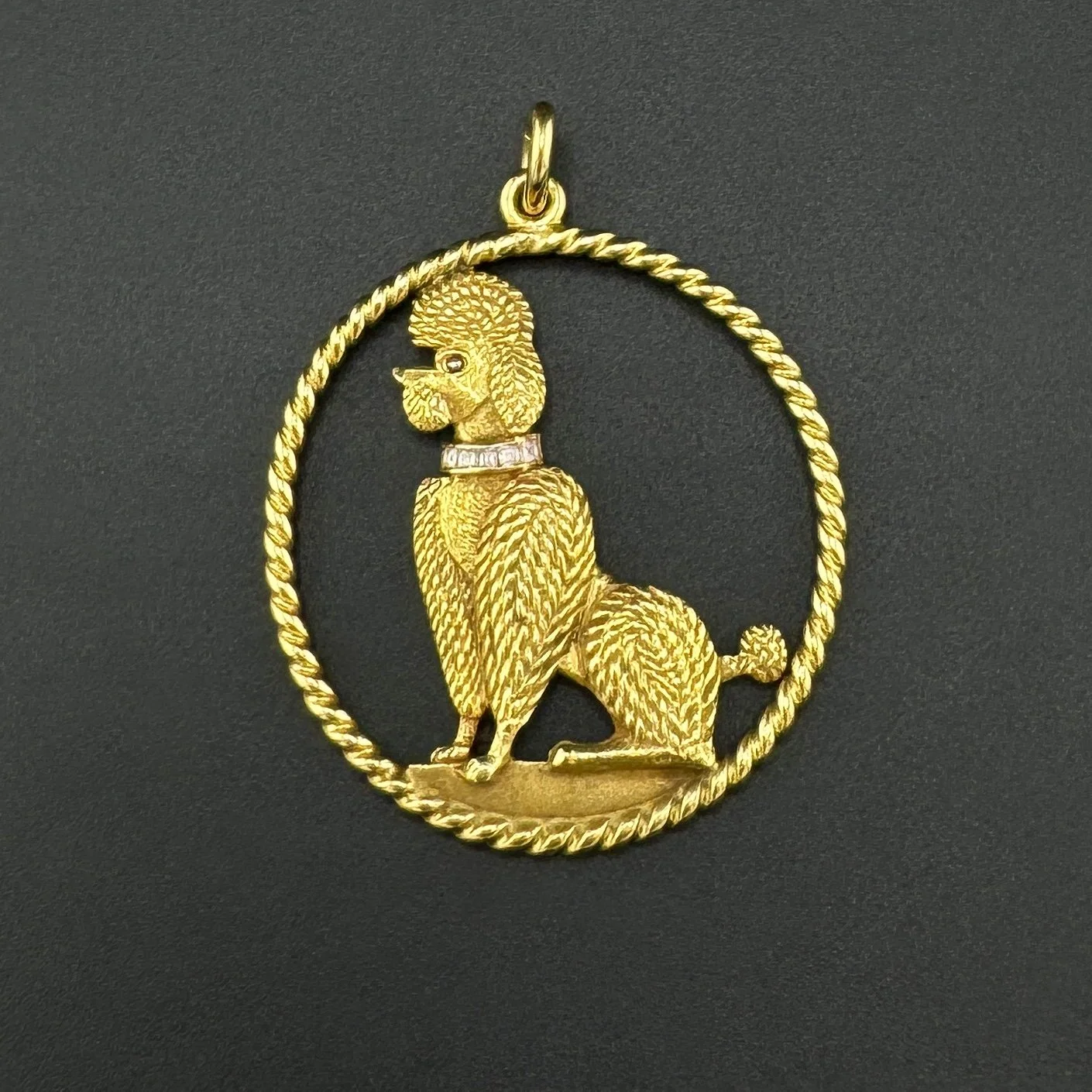 CARTIER DIAMOND & RUBY POODLE CHARM CIRCLE PENDANT - 18K YG - 1960S - BOX