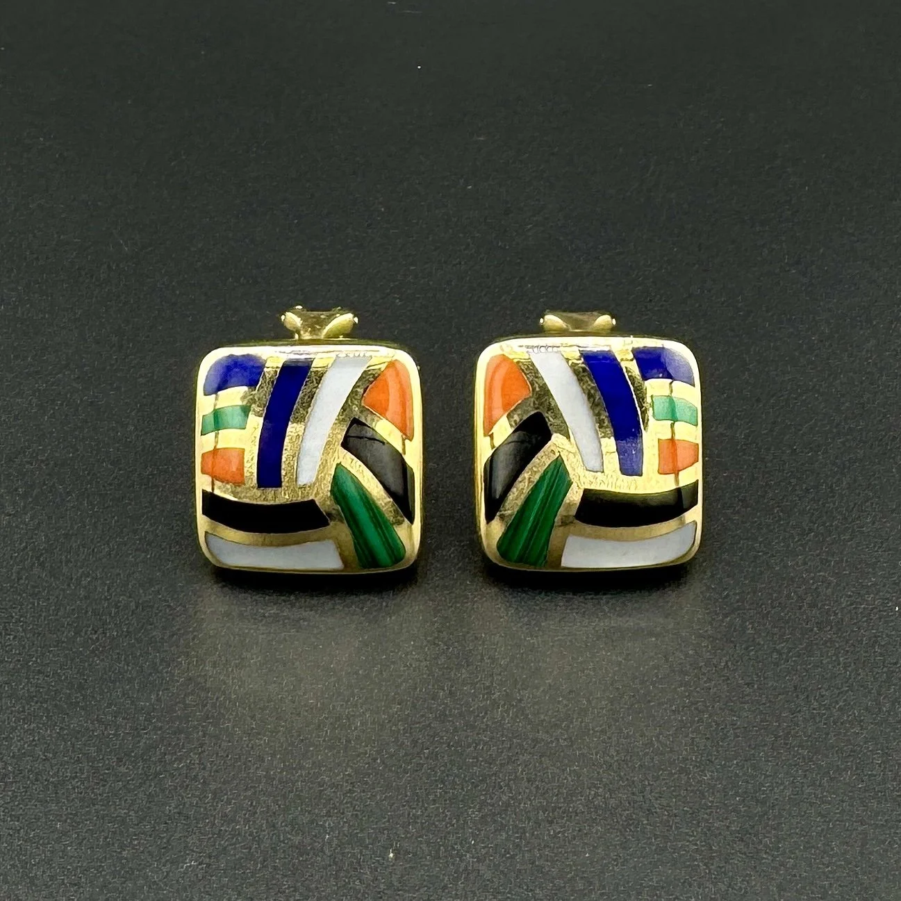ASCH GROSSBARDT MULTI-STONE INLAY SQUARE EARRINGS - 14K YELLOW GOLD