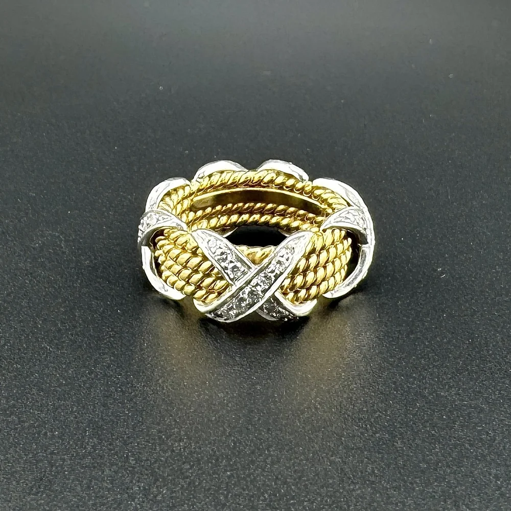 TIFFANY & CO SCHLUMBERGER 18K YG & PLAT ROPE 4 ROW DIAMOND X RING