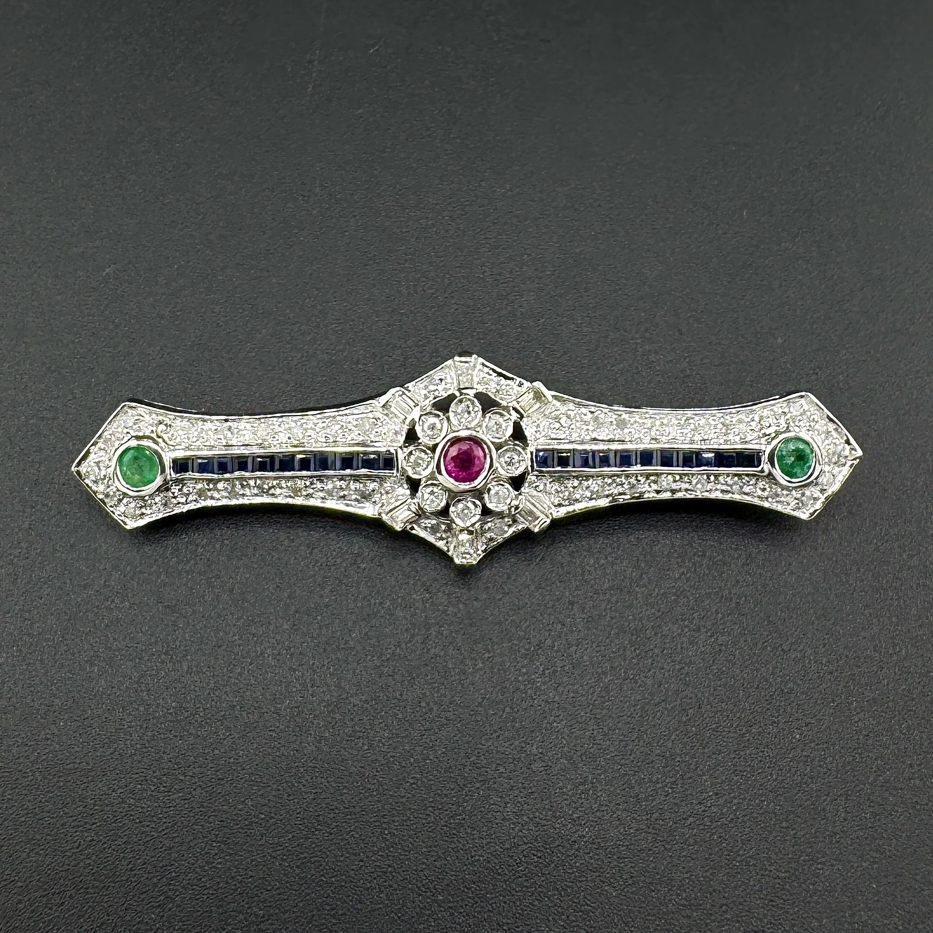 ART NOUVEAU DIAMOND / SAPPHIRE / RUBY / EMERALD PIN - 14K WHITE GOLD