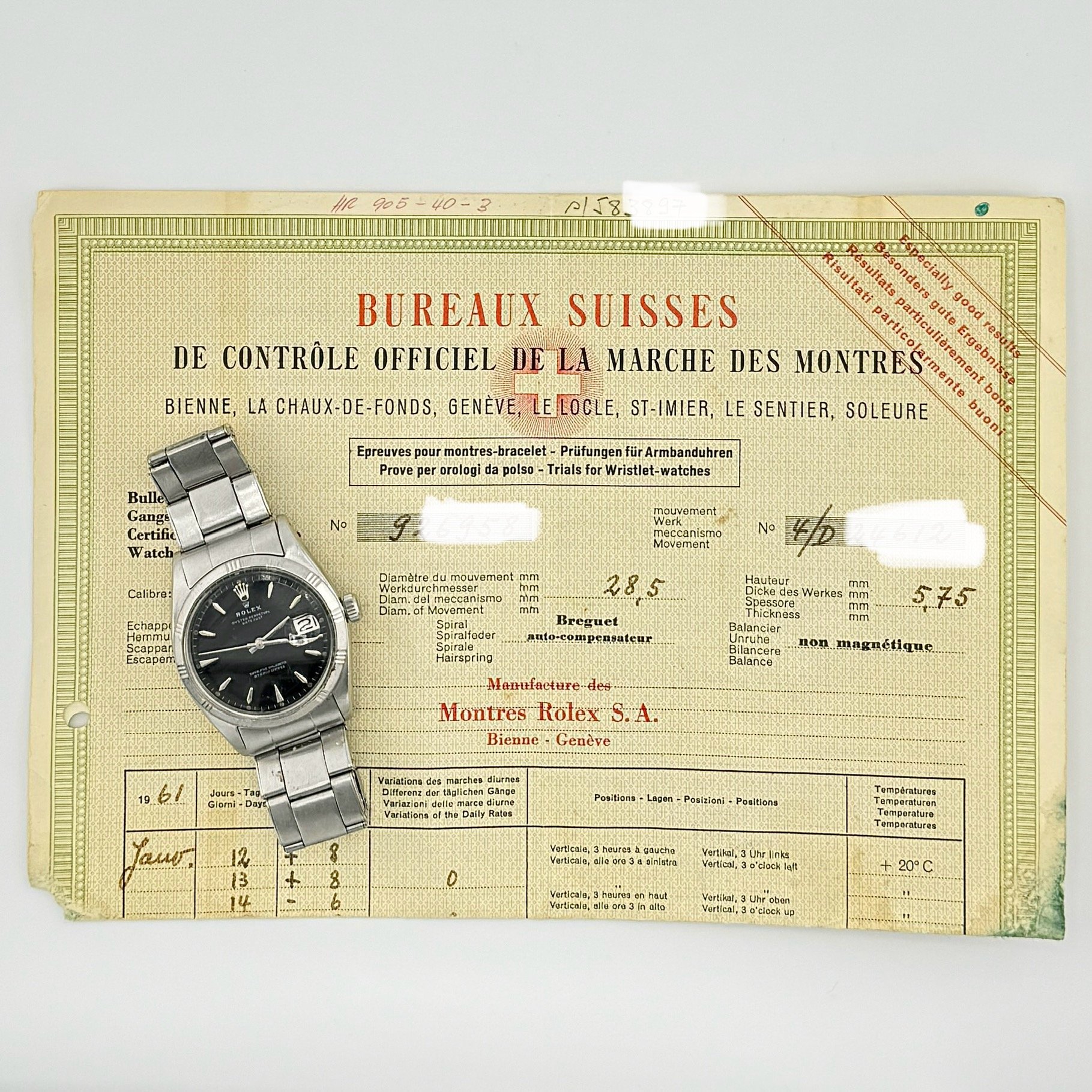 VINTAGE ROLEX DATEJUST 1603 OYSTER BLACK DIAL S/S AUTO 36MM 1960 PAPERS