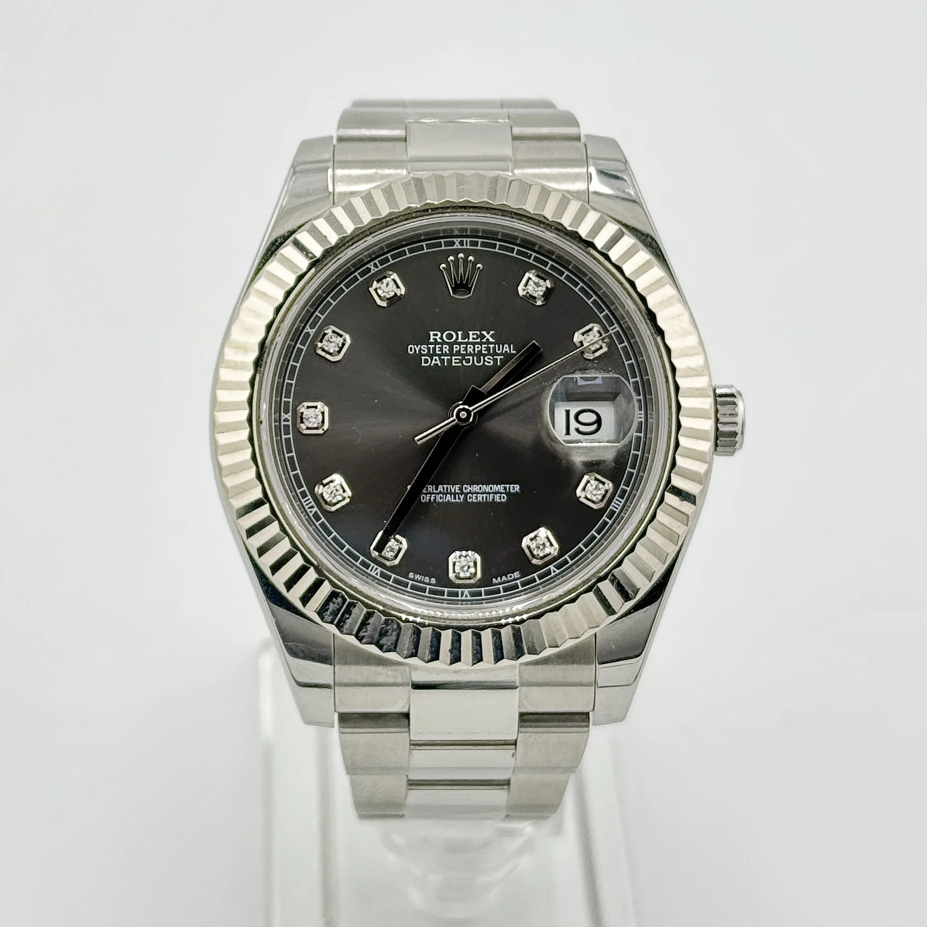 ROLEX DATEJUST II 116334 RHODIUM DIAMOND DIAL FLUTED BEZEL S/S 41MM B+P 2018