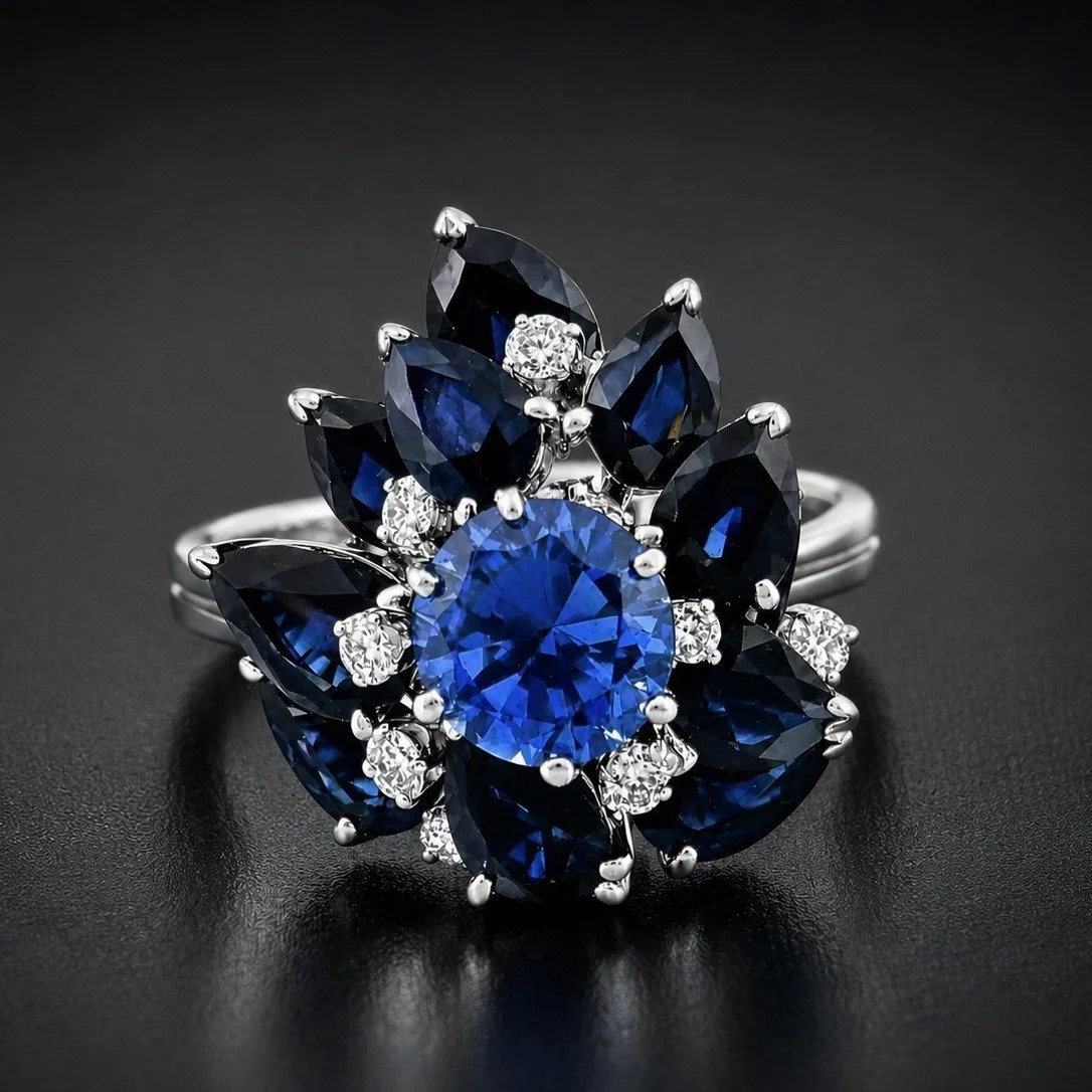1960s Blue Sapphire and Diamond Cocktail Ring