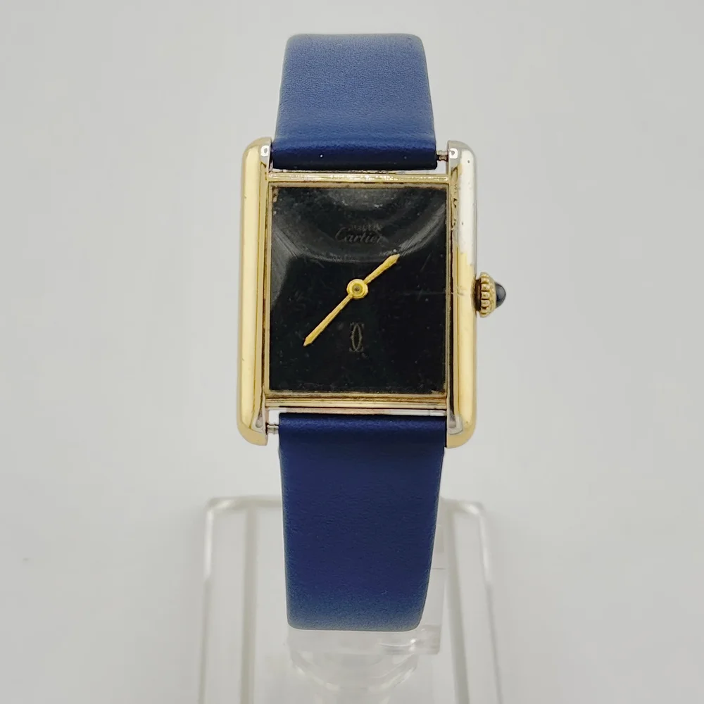 VINTAGE MUST DE CARTIER TANK VERMEIL 925 GOLD CASE BLACK DIAL
