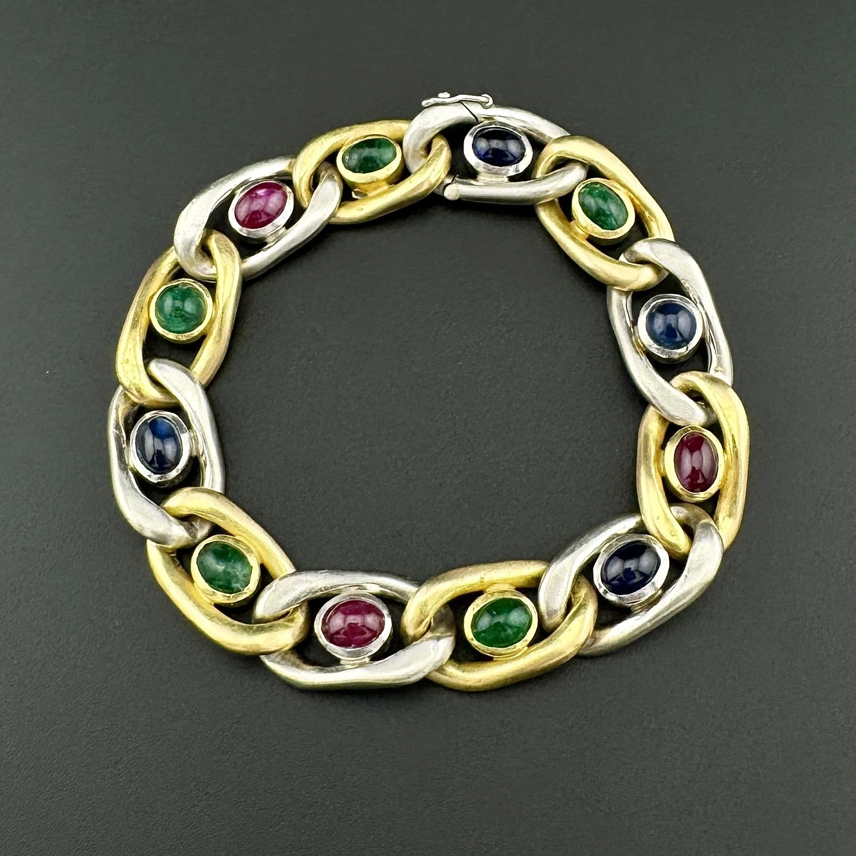 9.10CTW CABOCHON EMERALD / RUBY / SAPPHIRE LINK BRACELET - 18K YG & PLAT - 7.5"