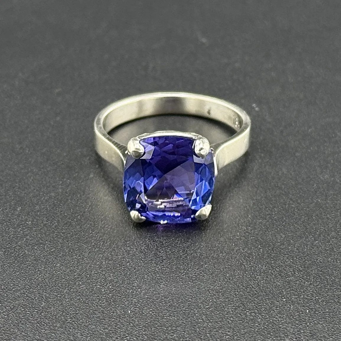 4.19CT CUSHION CUT TANZANITE RING - 18K WHITE GOLD - SZ 6.25
