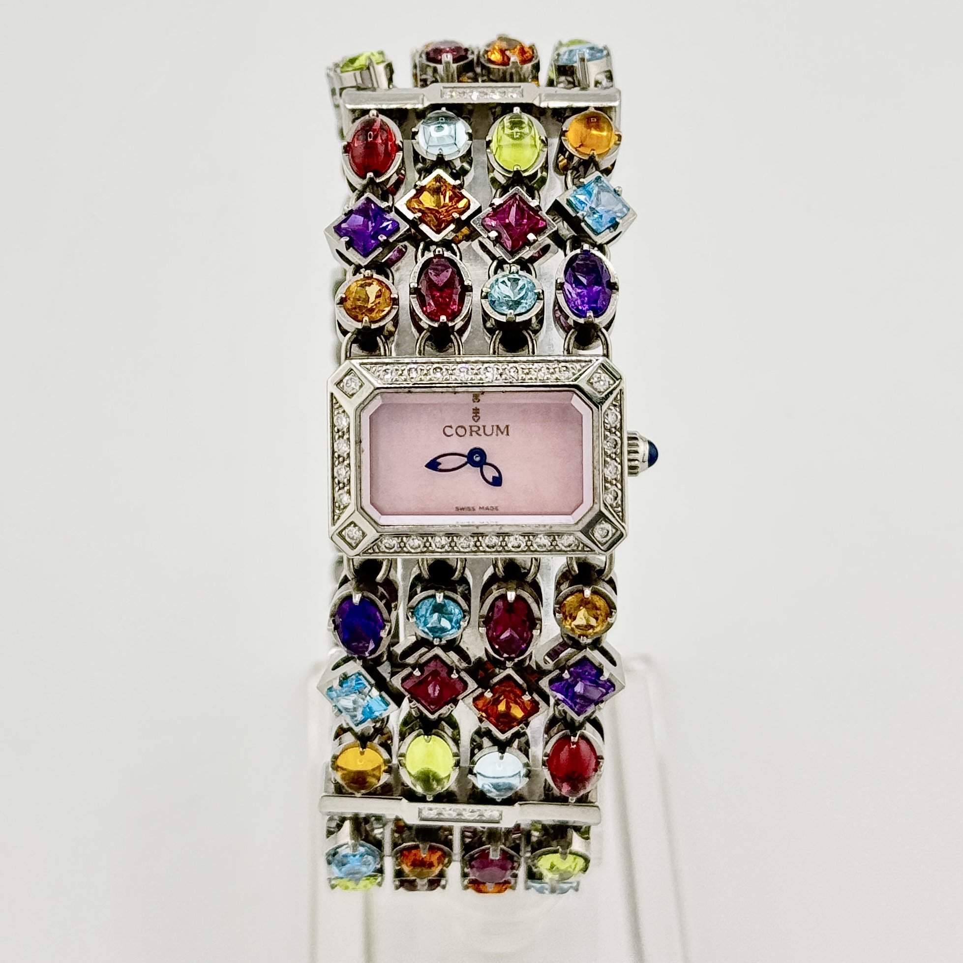 CORUM POTPOURRI 137.520.47 GEMSTONE BRACELET PINK MOP DIAL S/S QUARTZ 24MM B+P