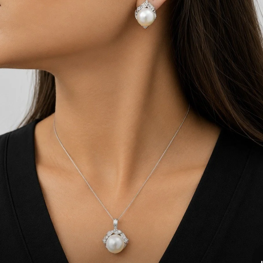 7.52CTW VS1 F-G BAGUETTE DIAMOND & 14MM PEARL EARRINGS + NECKLACE - WHITE GOLD
