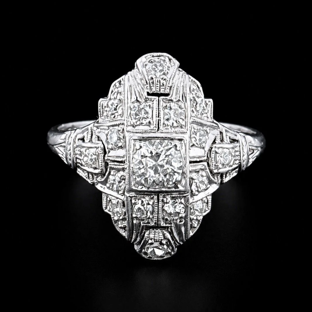 Platinum Art Deco Shield Cocktail Ring