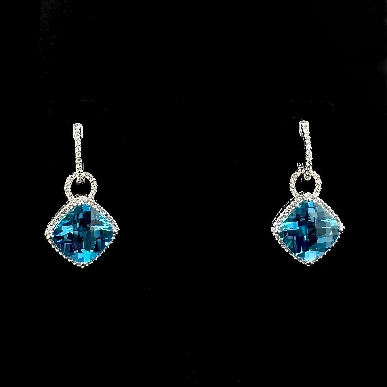 12CTW CUSHION CUT BLUE TOPAZ & 1.12CTW ROUND DIAMOND EARRINGS - 14K WHITE GOLD
