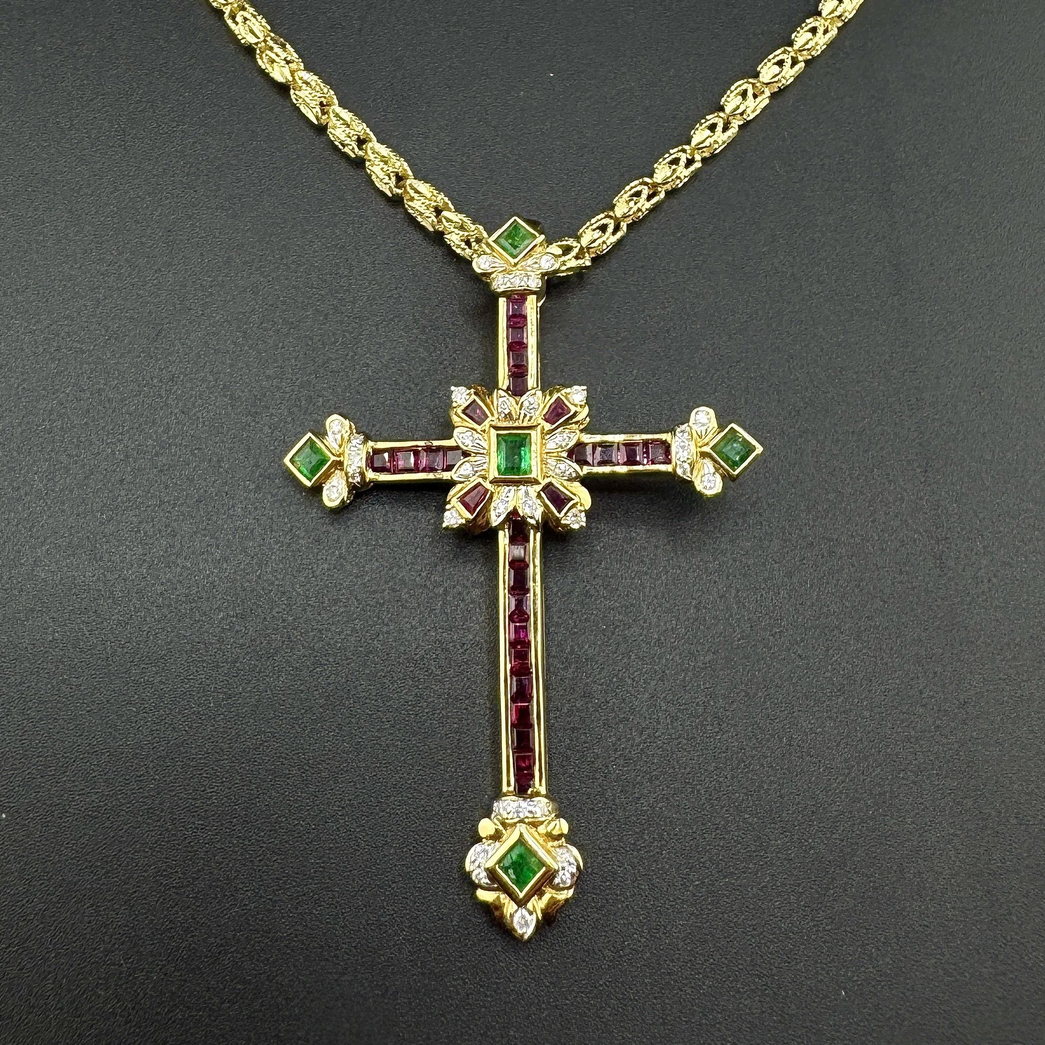 8.5CTW RUBY / 1.65CTW EMERALD / 0.54CTW ROUND DIAMOND CROSS NECKLACE - 18K YG