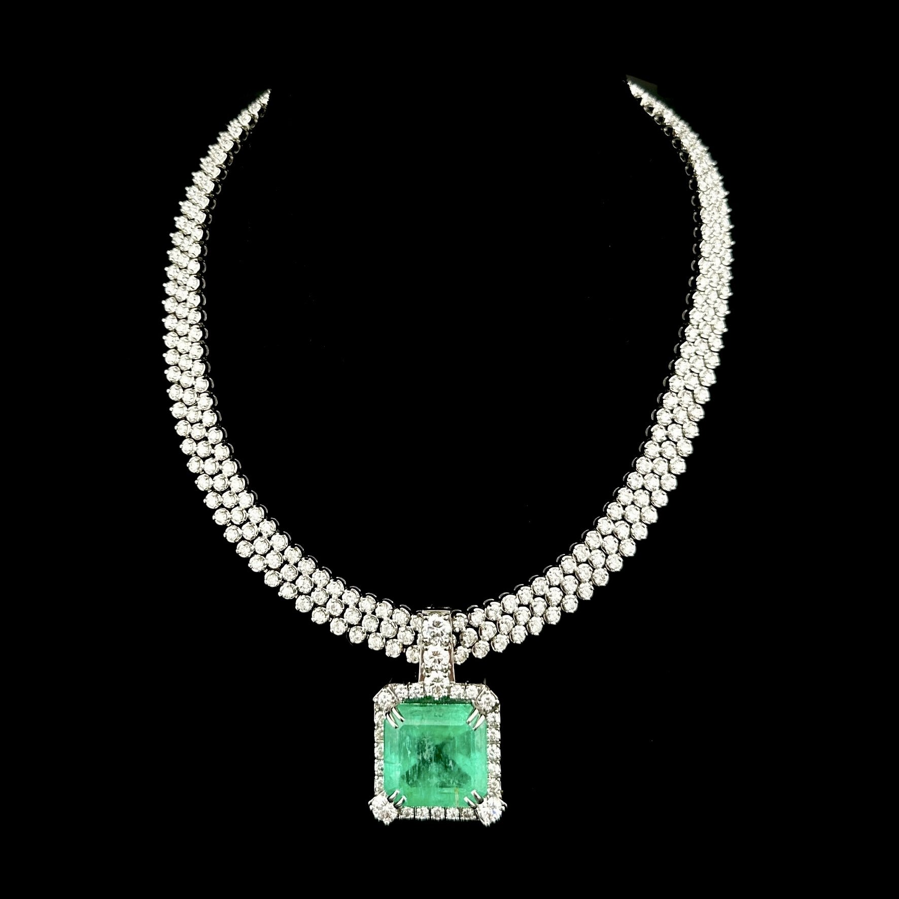 GIA 39.47CT EMERALD & 35.13CTW ROUND DIAMOND NECKLACE - 18K & 14K WG - 16"