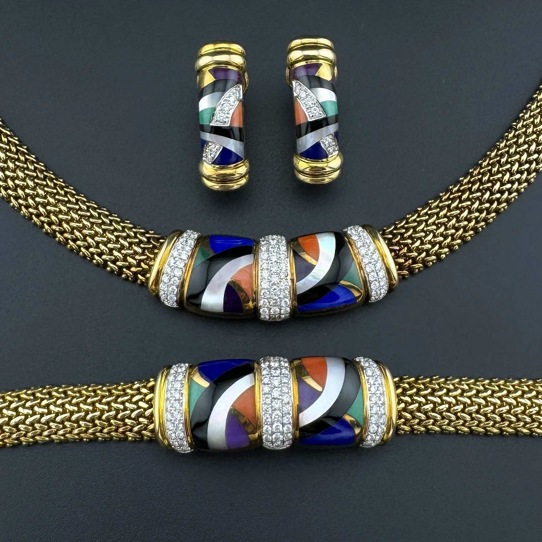 ASCH GROSSBARDT MULTI STONE & DIAMOND NECKLACE / BRACELET / EARRING SET - 14K YG