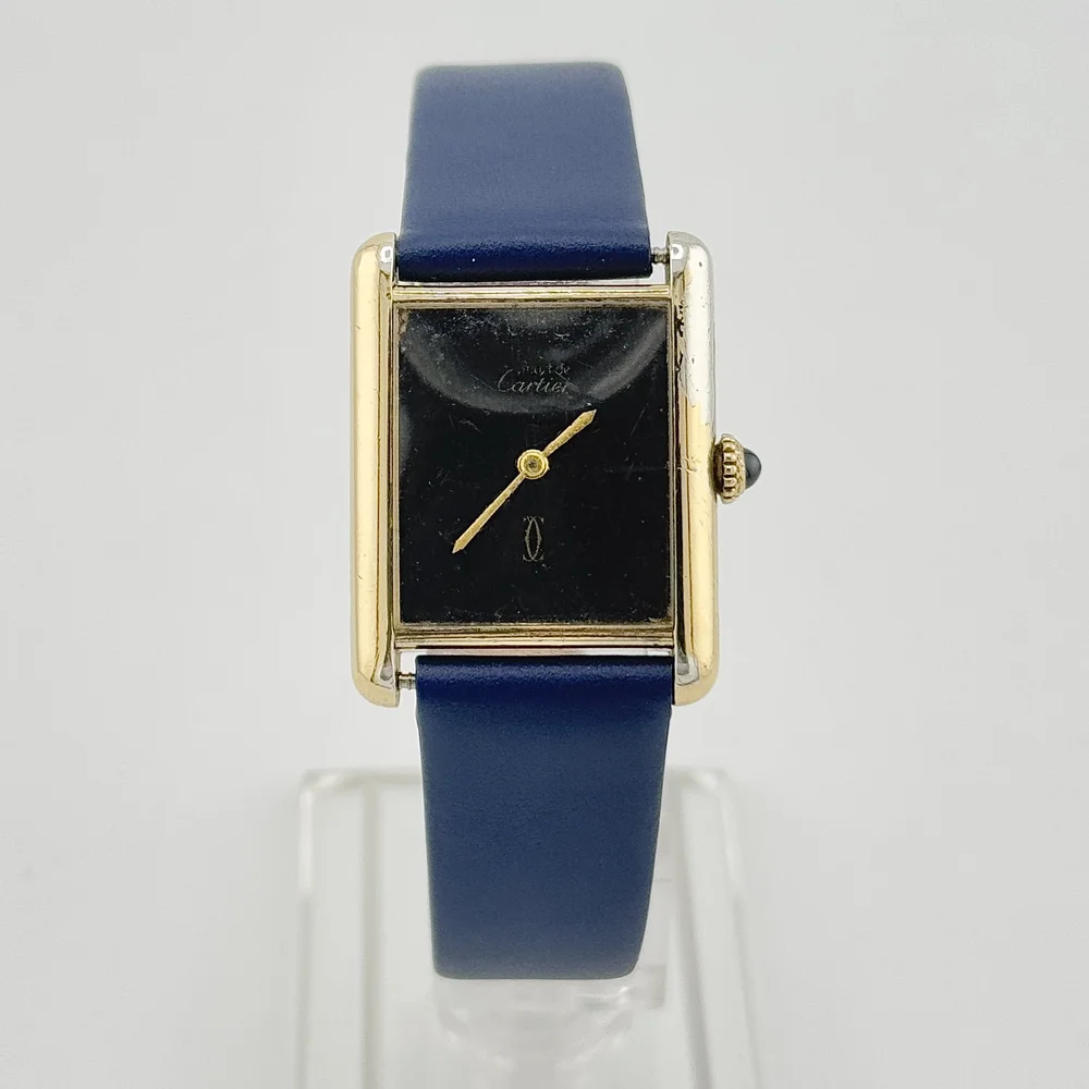 VINTAGE MUST DE CARTIER TANK VERMEIL 925 GOLD CASE BLACK DIAL