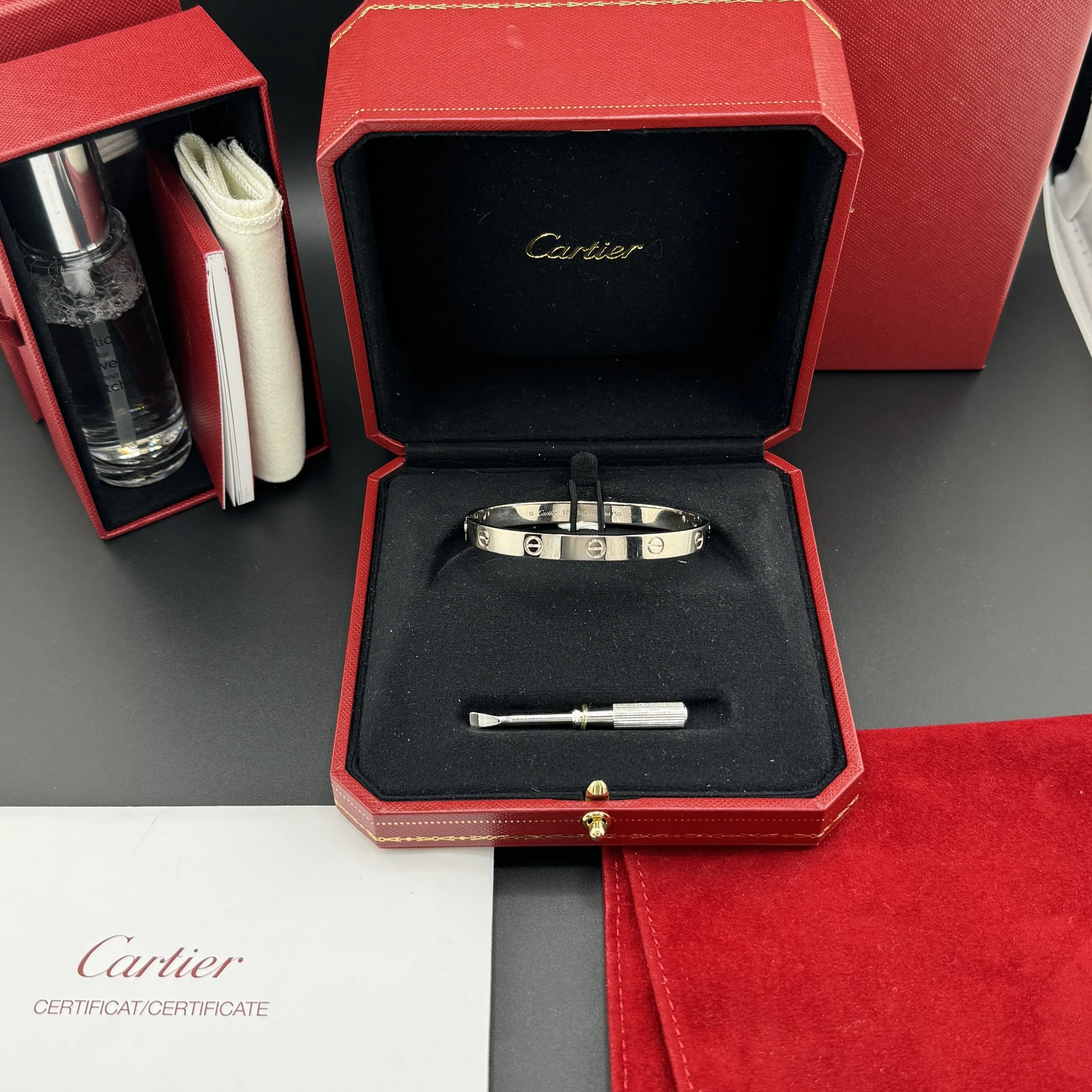 CARTIER LOVE BRACELET - 18K WHITE GOLD - SZ 17 - BOX / CERTIFICATE / SCREWDRIVER