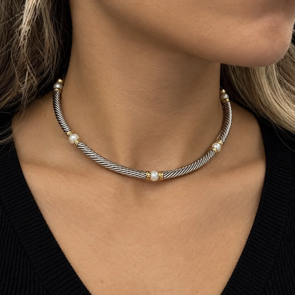 David Yurman Two-Tone Cable Pearl Sation Choker