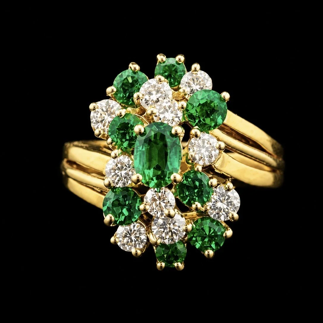 Vintage Cluster Emerald and Diamond Cocktail Ring