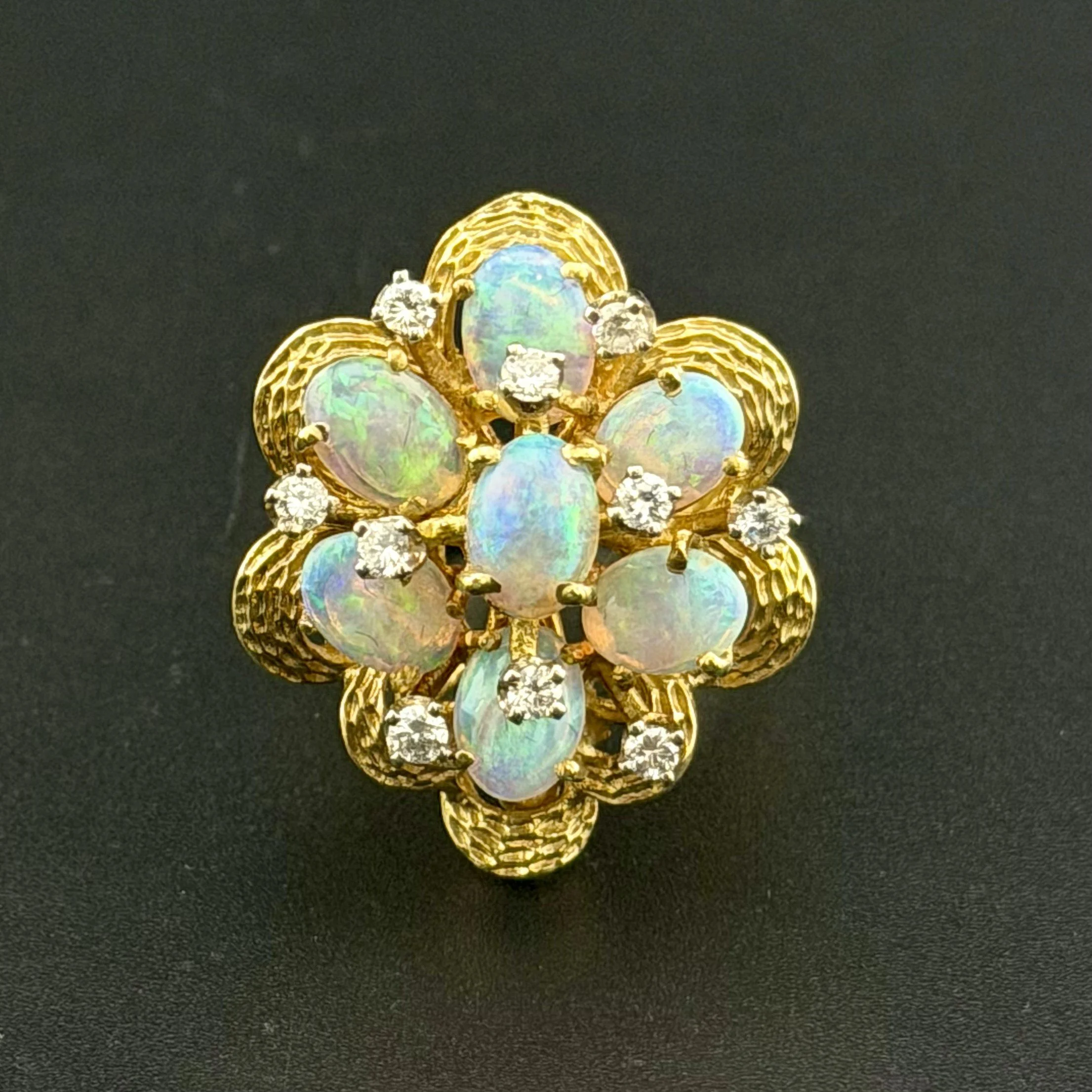 1960'S 6 CTW OPAL 20 PTS DIAMOND PRONG CLUSTER RING 18K YELLOW GOLD SZ 4.75