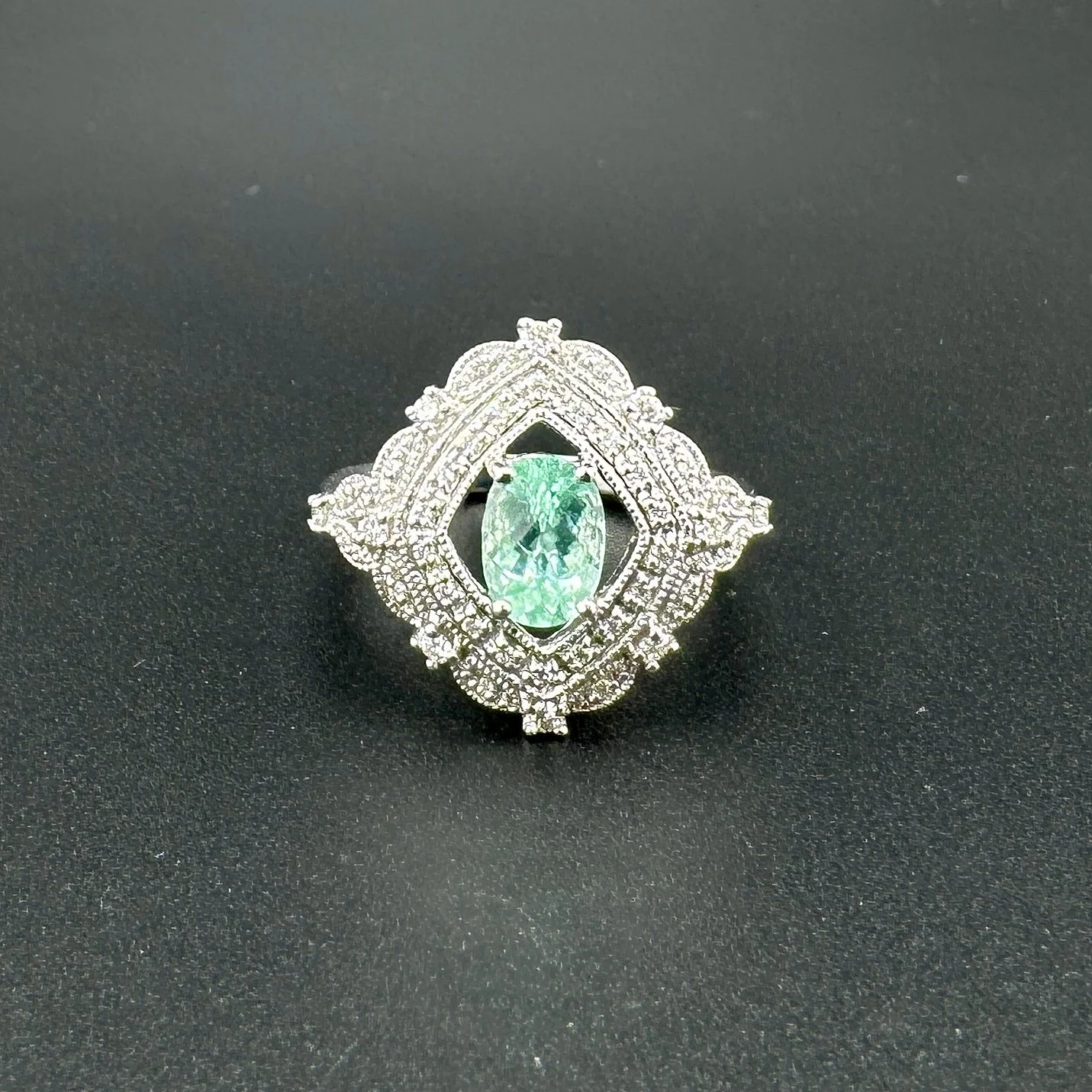 0.90CT SEAFOAM GREEN TOURMALINE & 0.50CTW DIAMOND SHIELD RING - 18K WG - SZ 7.25