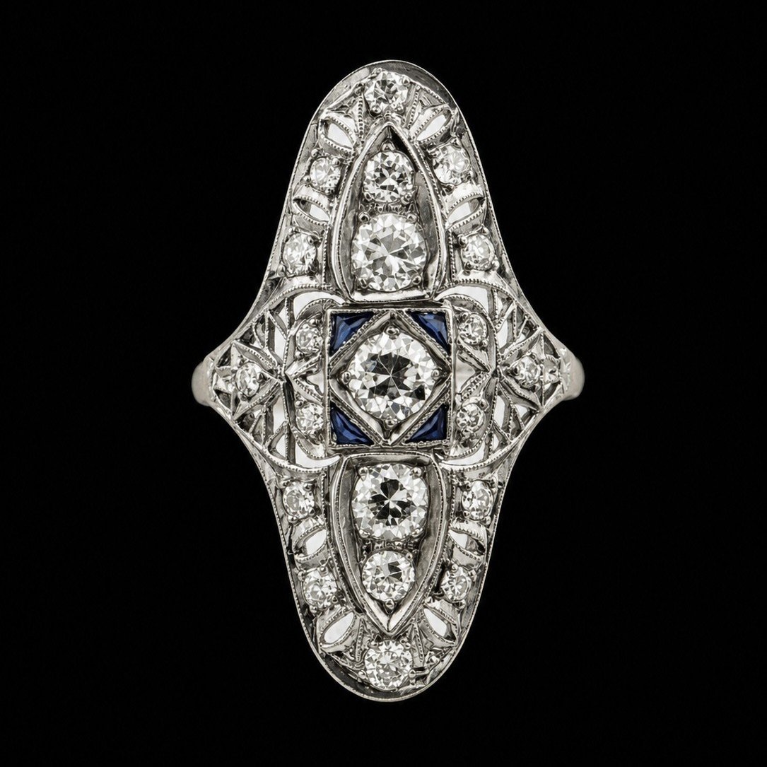 Antique Diamond and Sapphire Shield Ring