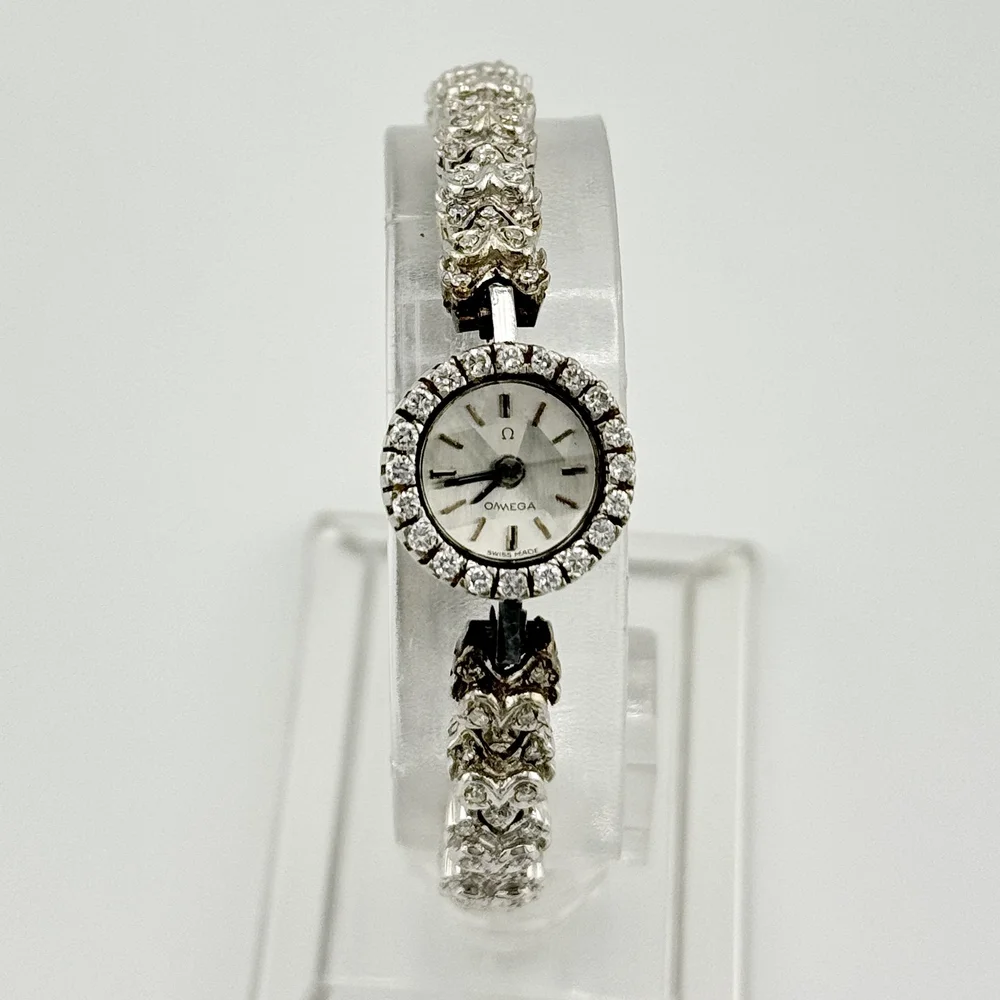 VINTAGE LADIES OMEGA 18K WHITE GOLD BACK WIND DIAMOND BRACELET 