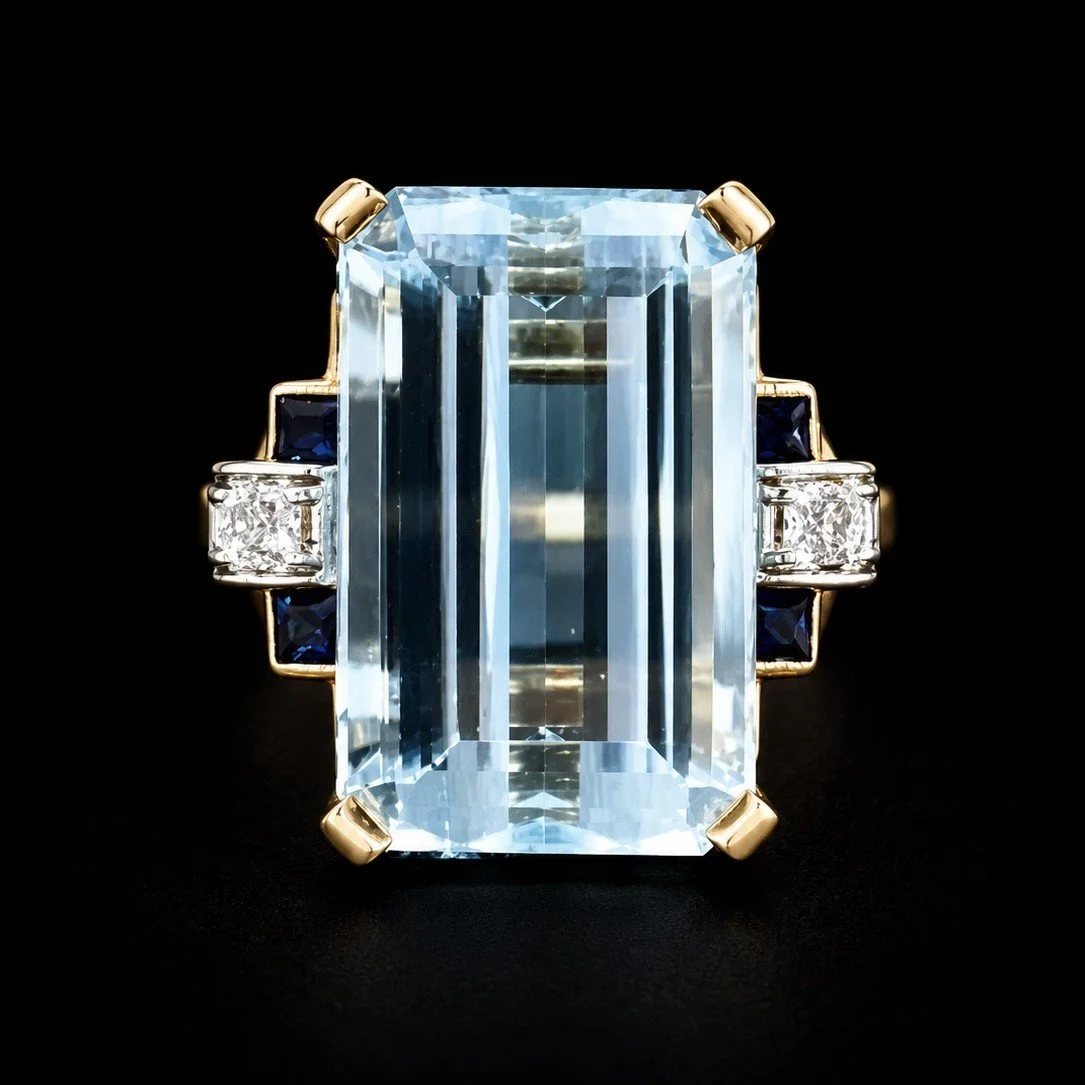 Beautiful Retro Aquamarine with Sapphire and Diamond Accent gems Cocktail Ring