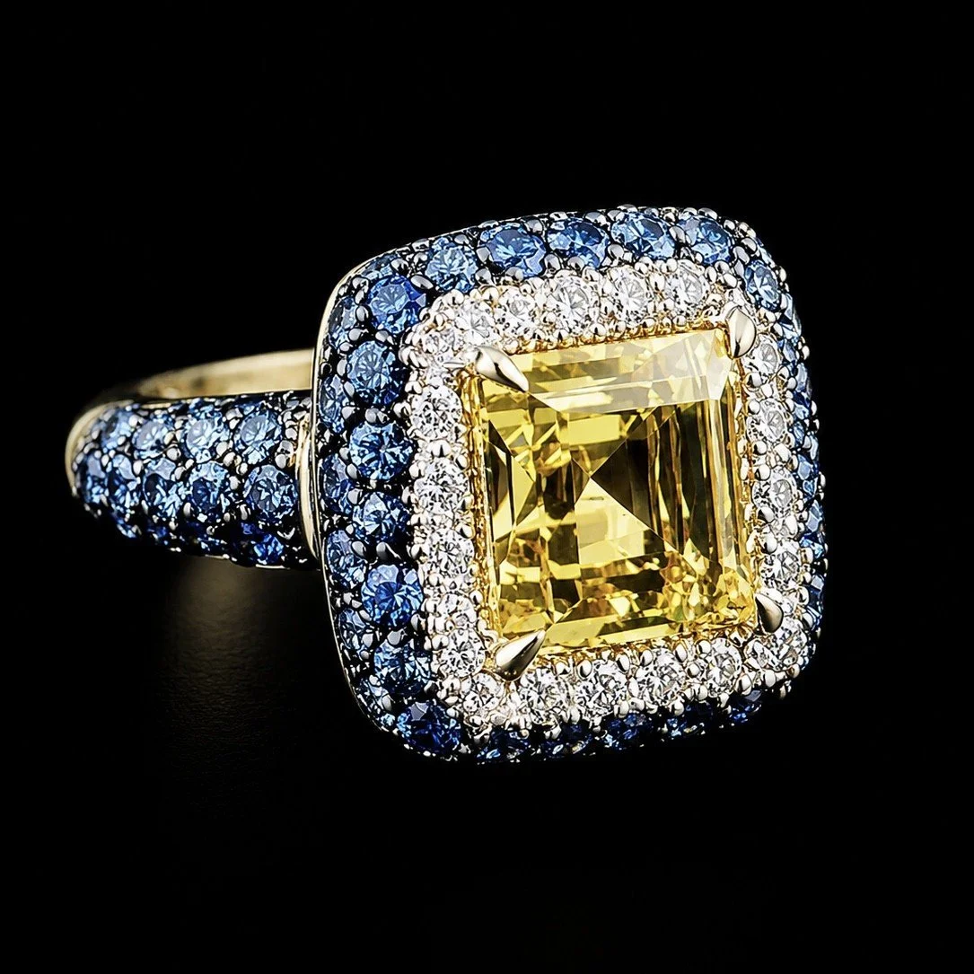 Citrine and Pave Diamond and Sapphire Cocktail Ring