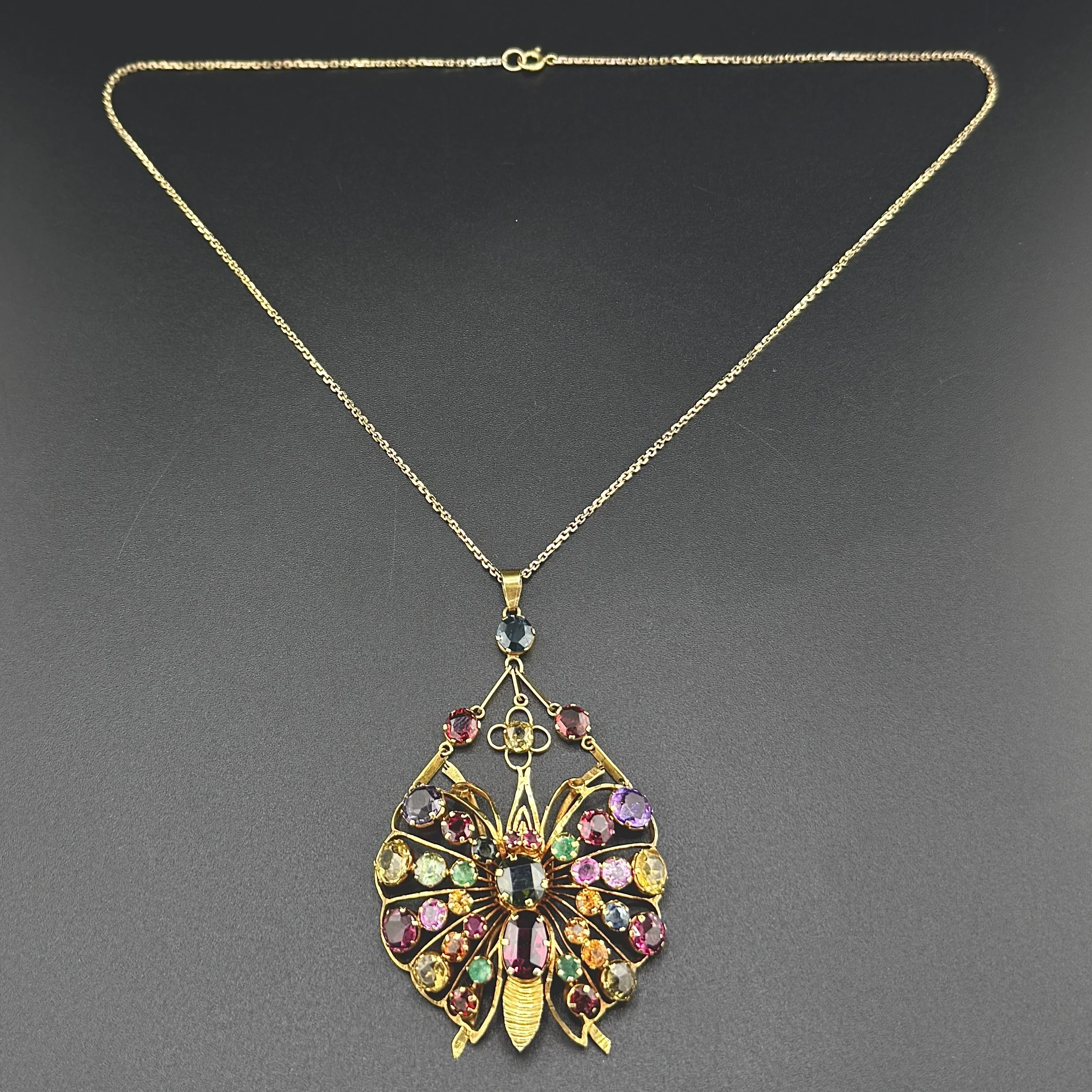 ARABIC MULTI GEM STONE BUTTERFLY PENDANT NECKLACE - 10K YELLOW GOLD - 16"