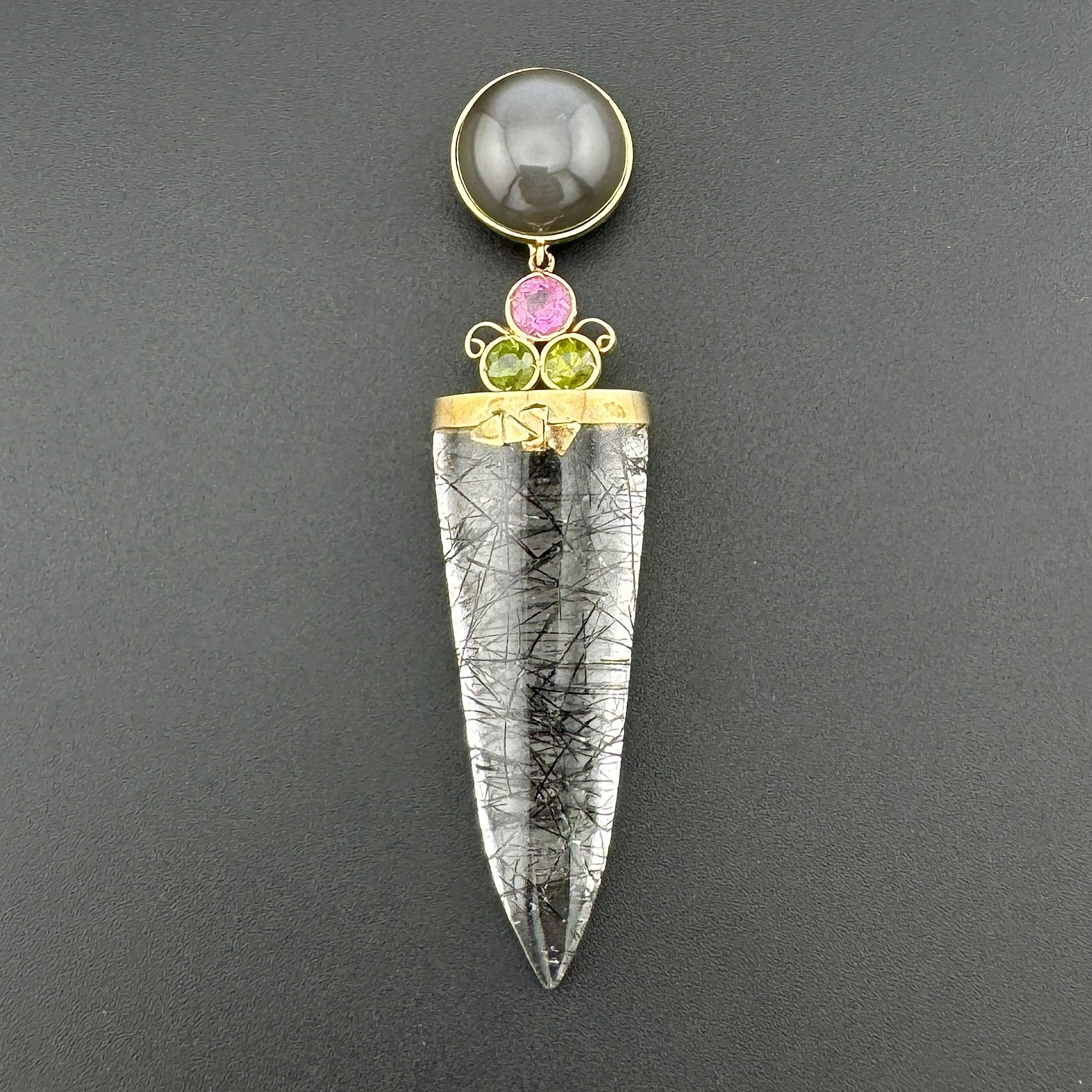 RUTILATED QUARTZ / GRAY MOONSTONE / PINK TOURMALINE / PERIDOT PENDANT - 14K YG
