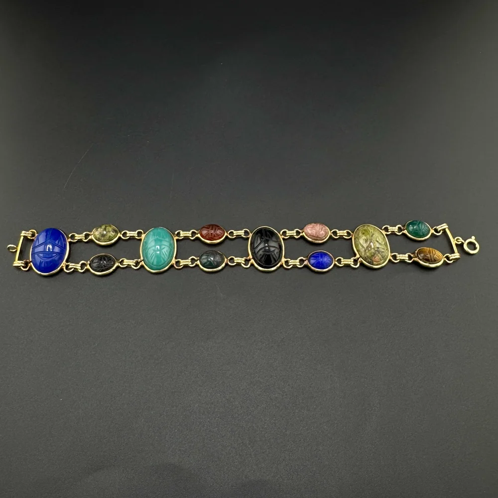 EGYPTIAN SCARAB BEETLE MULTI GEM STONE 2 ROW BRACELET - 14K