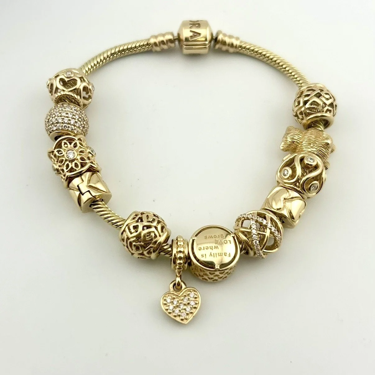 PANDORA 12 GOLD/DIAMOND CHARMS BRACELET 14KYG 46.06 GRAMS 7.5"