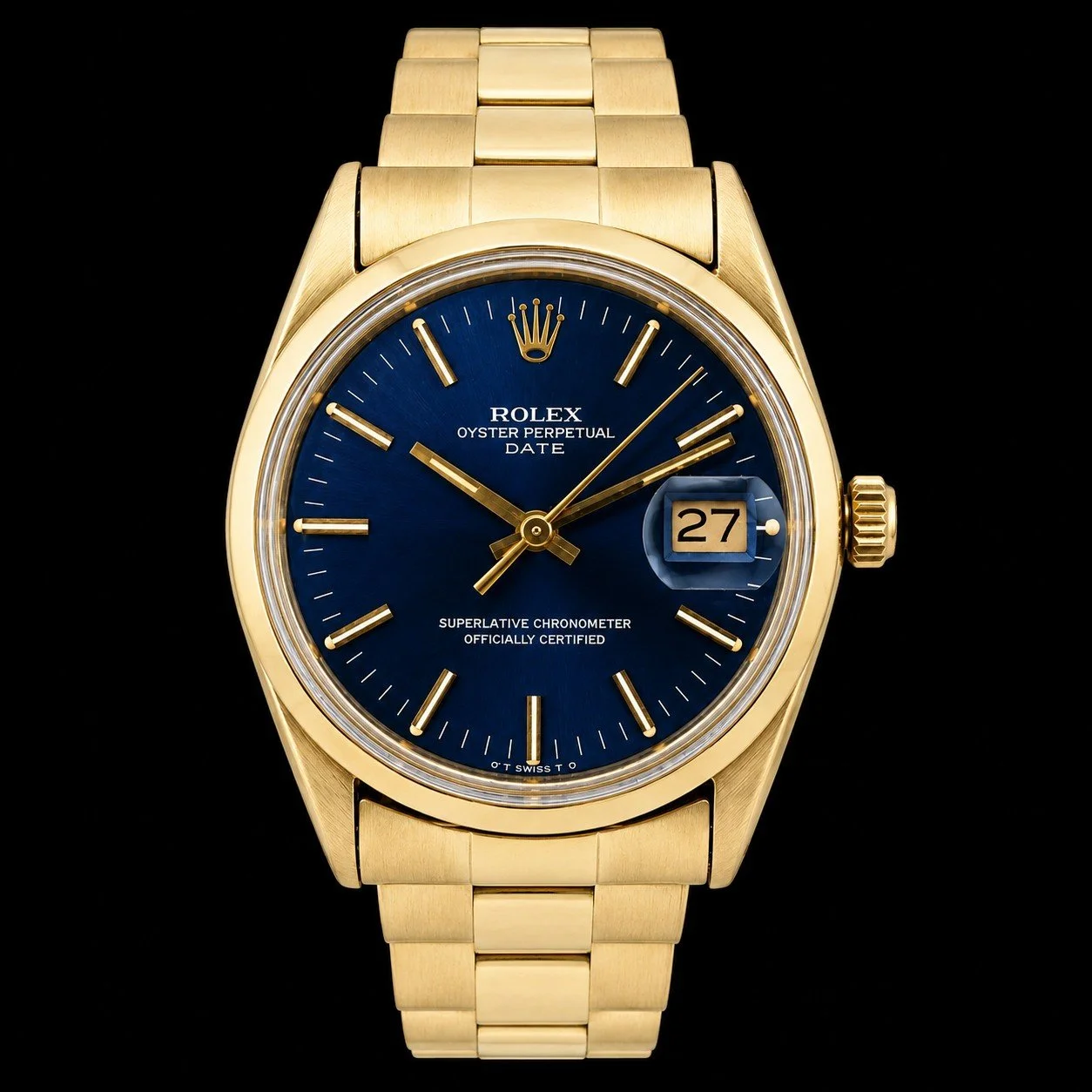 Rolex Oyster Perpetual Date 1550 14 Karat Yellow Gold Blue Dial 34 mm Box and Papers