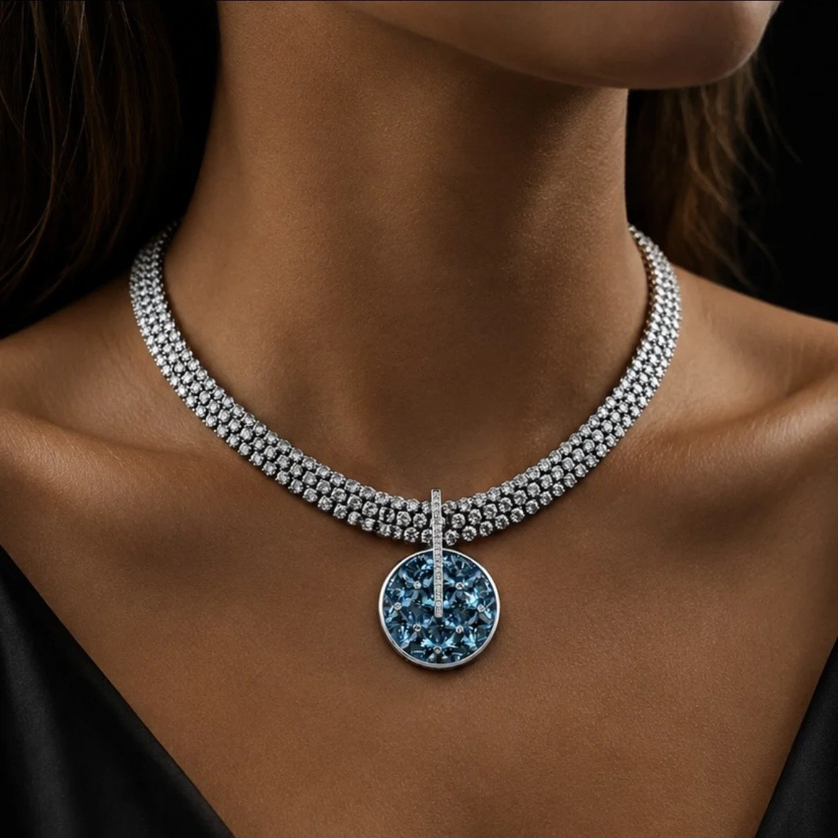 Magnificent 3 Row 31.1 Carat Diamond Tennis Necklace with Bellarri 21 Carat Topaz Pendant