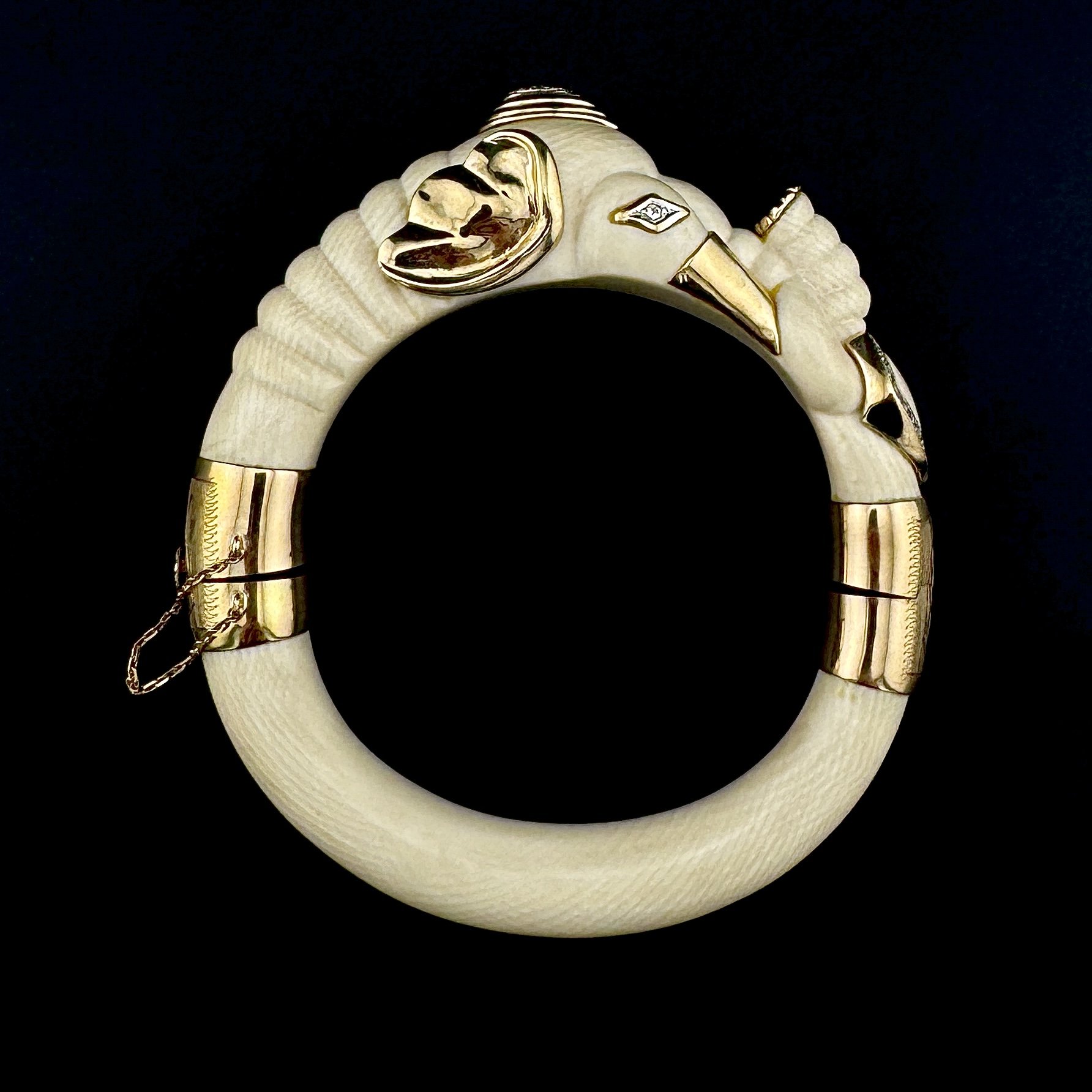 0.80CTW DIAMOND IVORY ELEPHANT BANGLE BRACELET - 14K YELLOW GOLD - 7" - 1960S