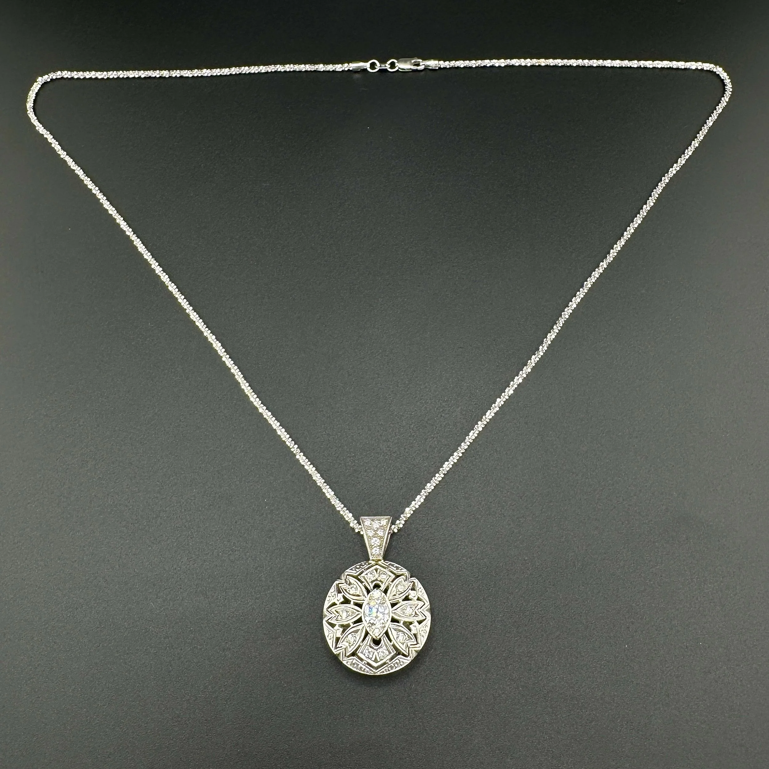 ART DECO STYLE 1.14CTW SI2 J ROUND DIAMOND NECKLACE - 14K WHITE GOLD - 20"