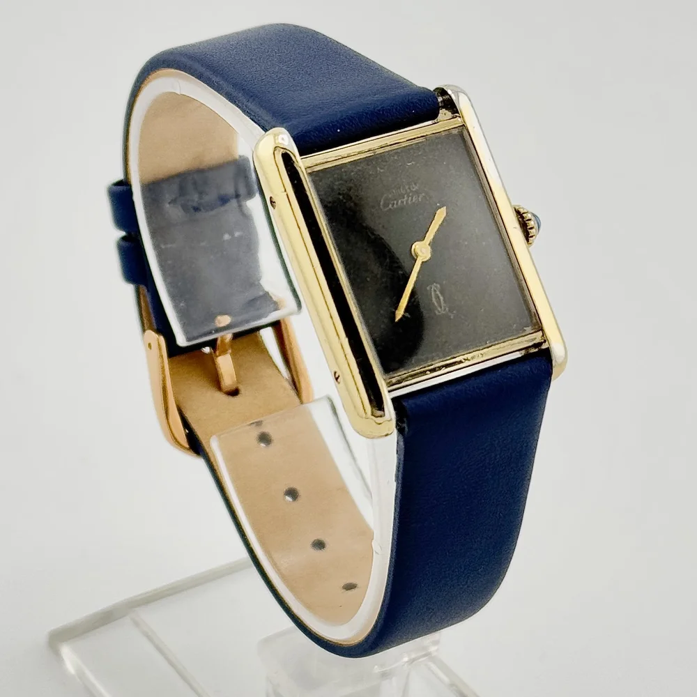 VINTAGE MUST DE CARTIER TANK VERMEIL 925 GOLD CASE BLACK DIAL