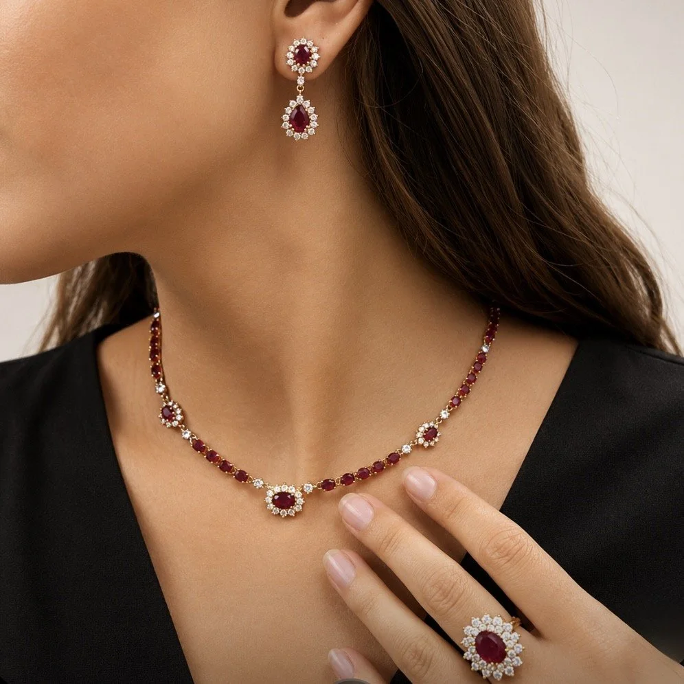 RUBY + DIAMOND SET - 18K YELLOW GOLD - 5.62 CTW DIA - 30.55 CTW RUBY