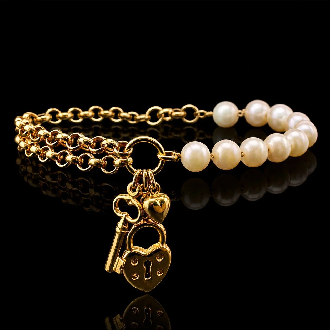 Pearl and Heart, Lock, Key Charm Bracelet