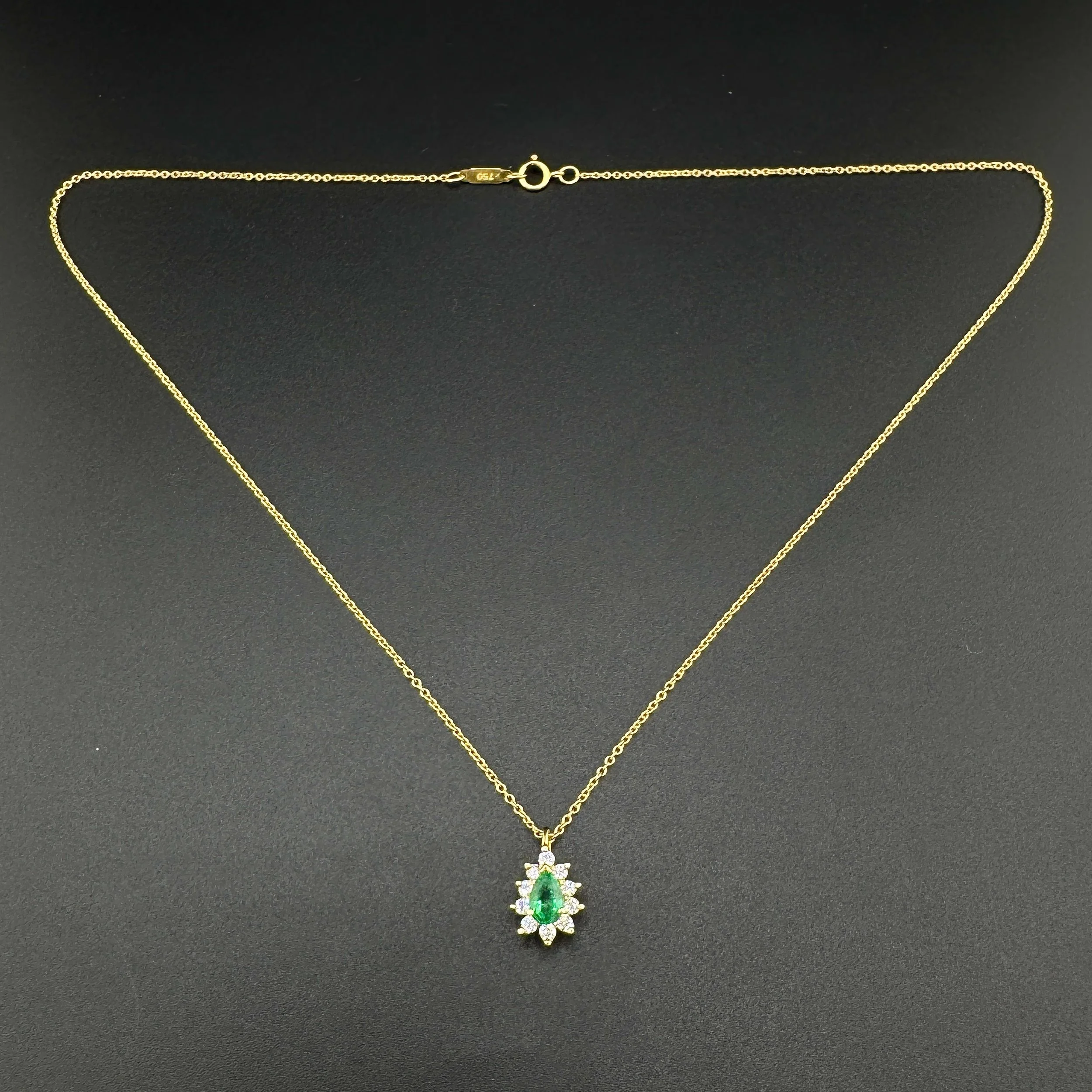 TIFFANY & CO PEAR EMERALD & DIAMOND NECKLACE - 18K YELLOW GOLD - 16" - BOX